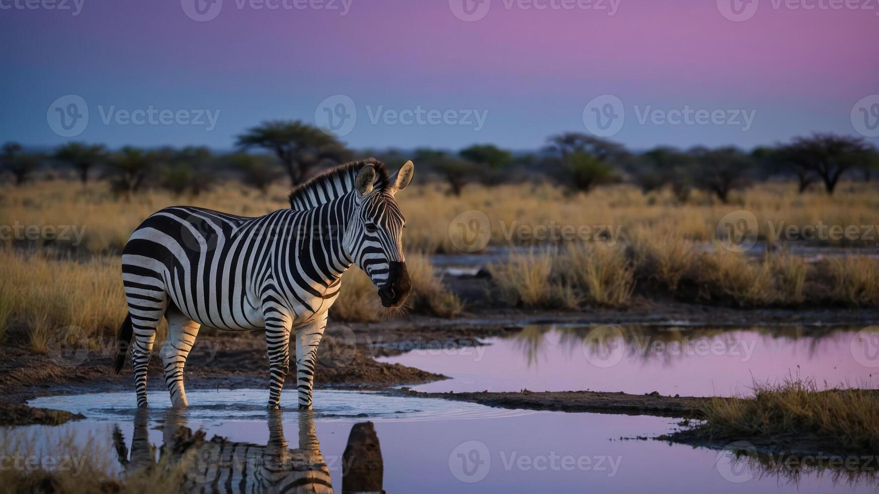 A zebra stands by a waterhole at sunset, surrounded by grasslands and trees. photo