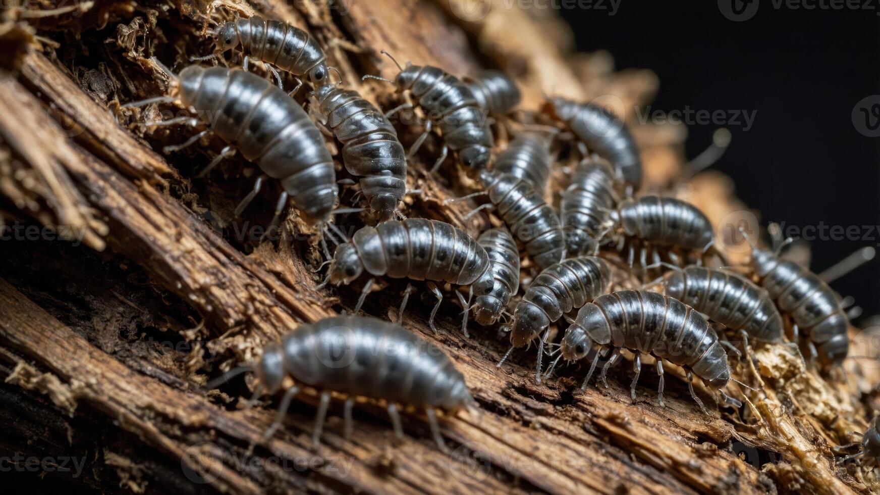 A close-up of a cluster of woodlice on a piece of wood. photo