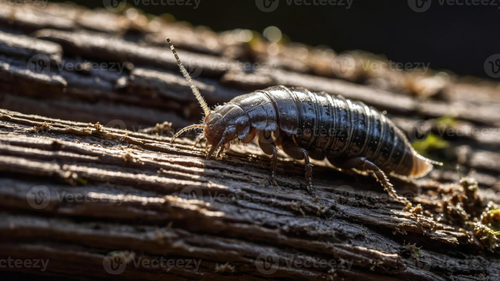 A close-up of a beetle crawling on a textured log in natural light. photo