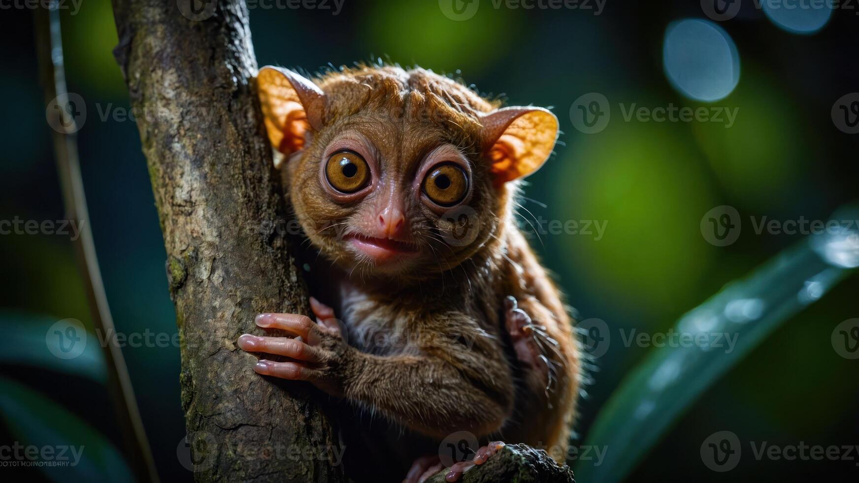 A close-up of a cute primate with large eyes perched on a tree branch in a lush forest. photo