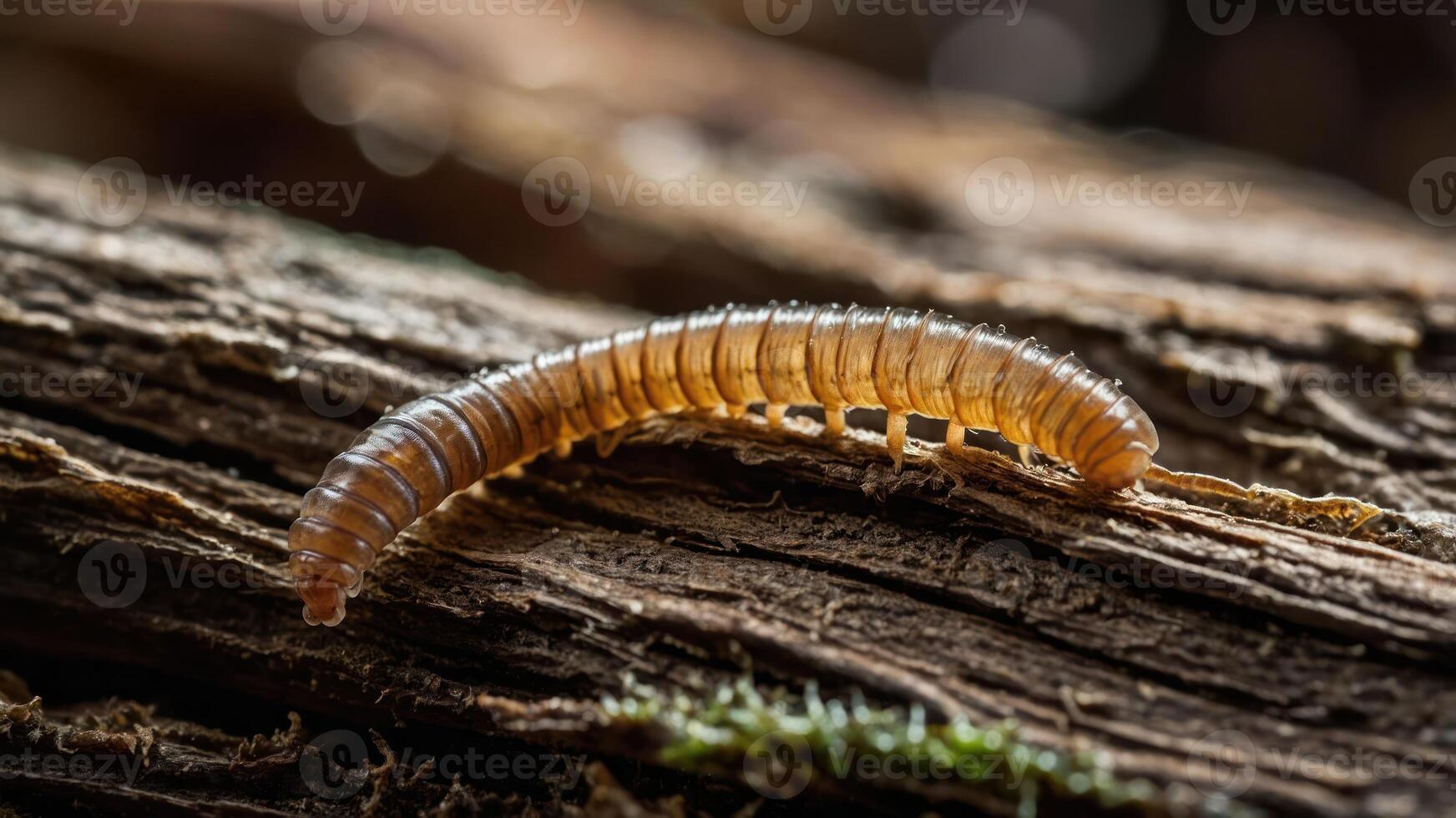 A close-up of a segmented insect on textured wood, showcasing its natural habitat. photo