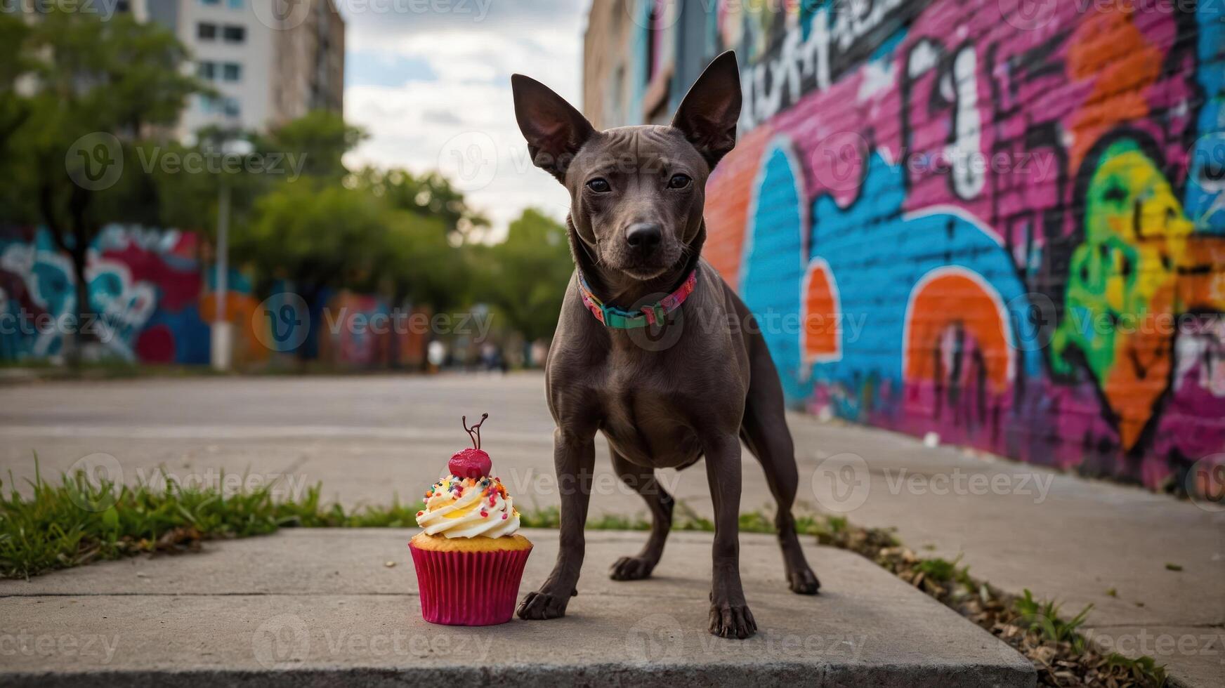 A small dog stands beside a colorful cupcake in an urban setting with vibrant graffiti. photo