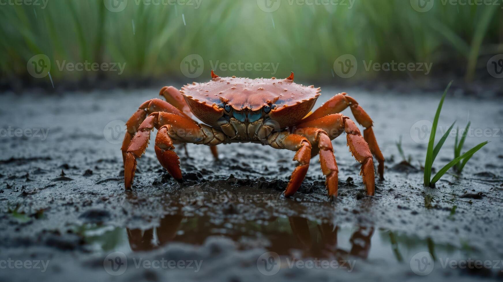 A crab walking through muddy terrain with grass in the background. photo