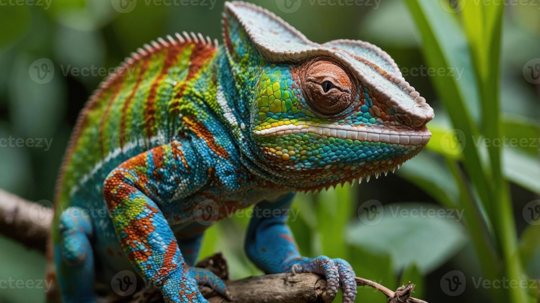 A colorful chameleon perched on a branch among lush greenery. photo