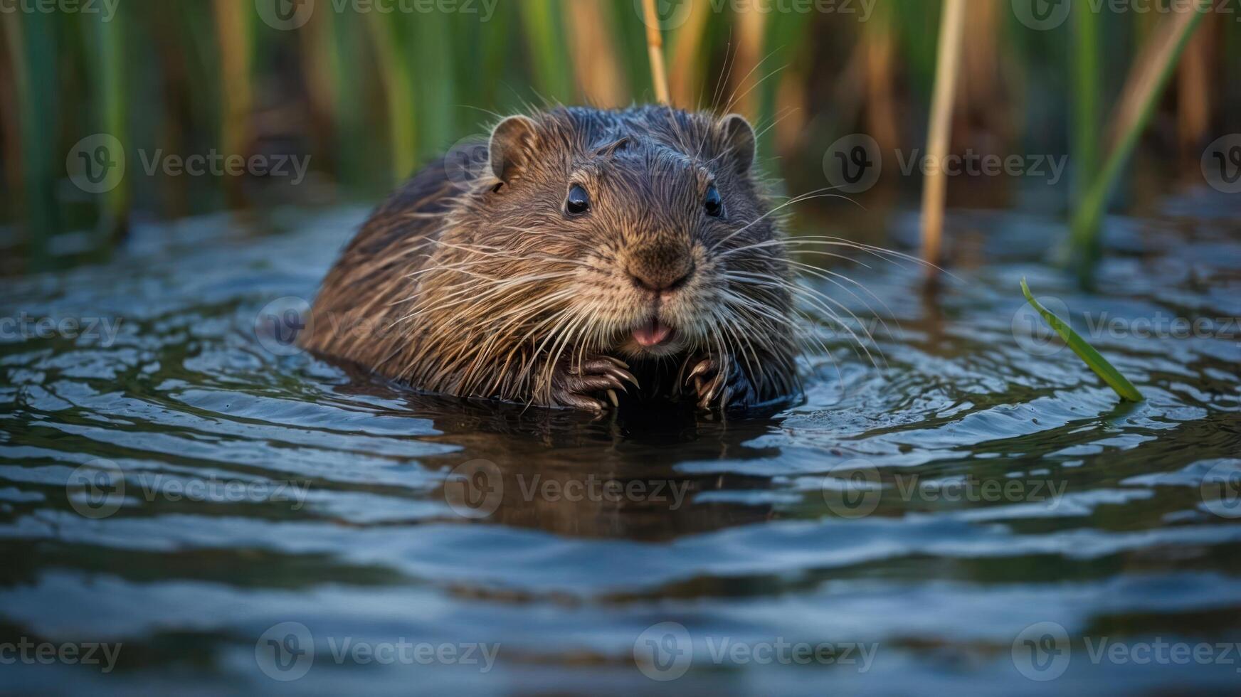A close-up of a wet animal in water, surrounded by tall grass. photo