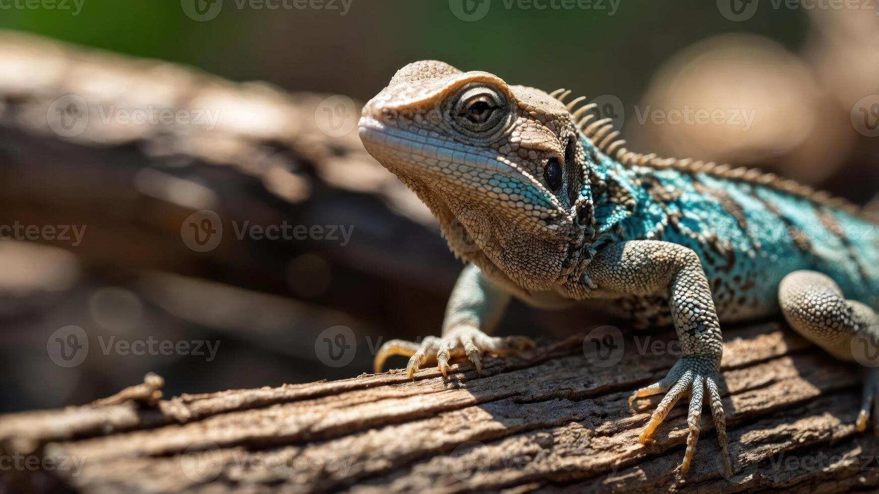 A close-up of a lizard perched on a log, showcasing its vibrant colors and textures. photo
