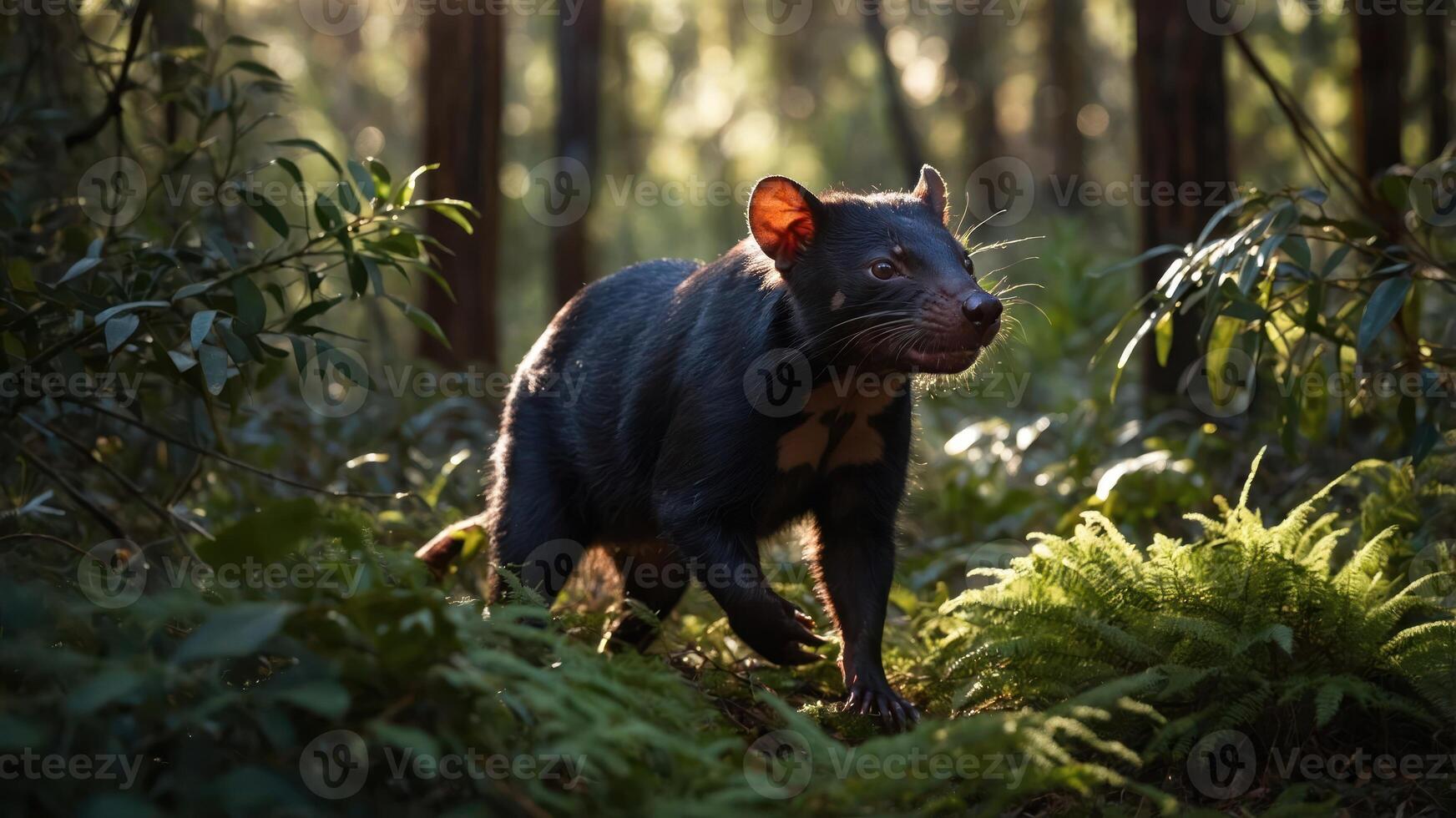 A Tasmanian devil walking through a sunlit forest with ferns. photo