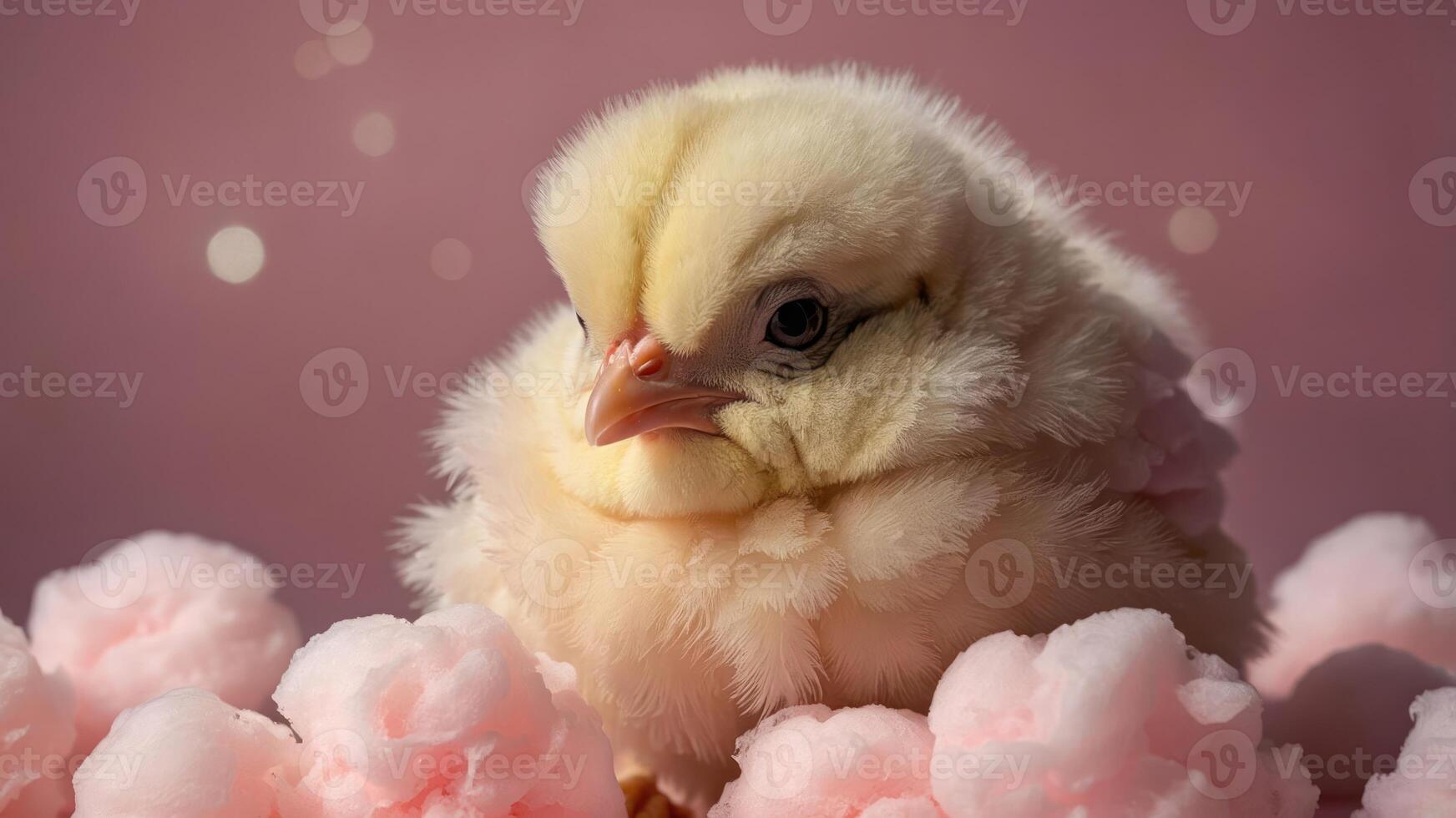 A fluffy chick resting on pink cotton candy against a soft pink background. photo