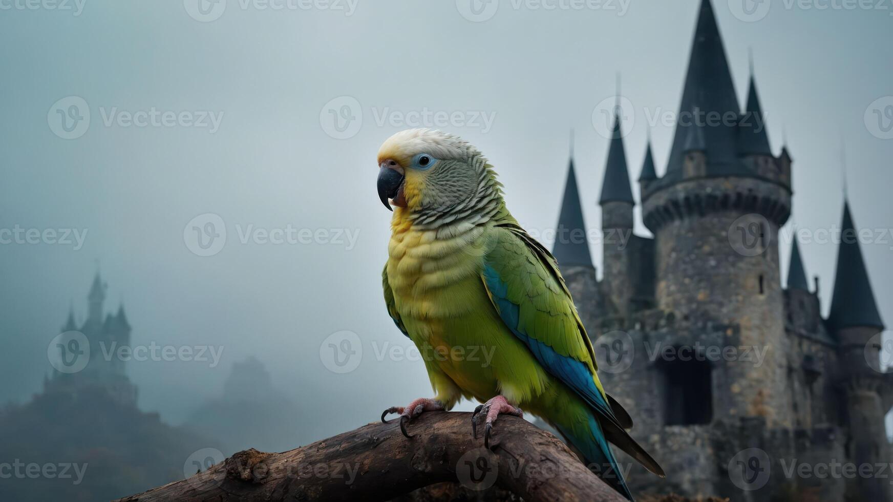 A colorful parrot perches in front of a misty castle, creating a whimsical scene. photo