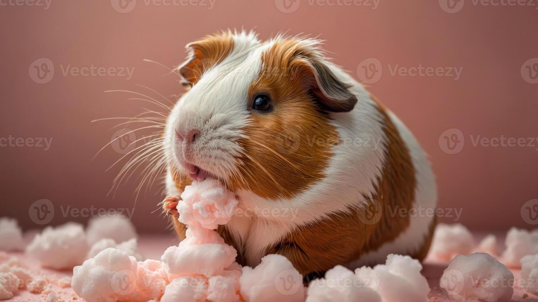 A cute guinea pig enjoying cotton candy surrounded by fluffy pink cotton. photo