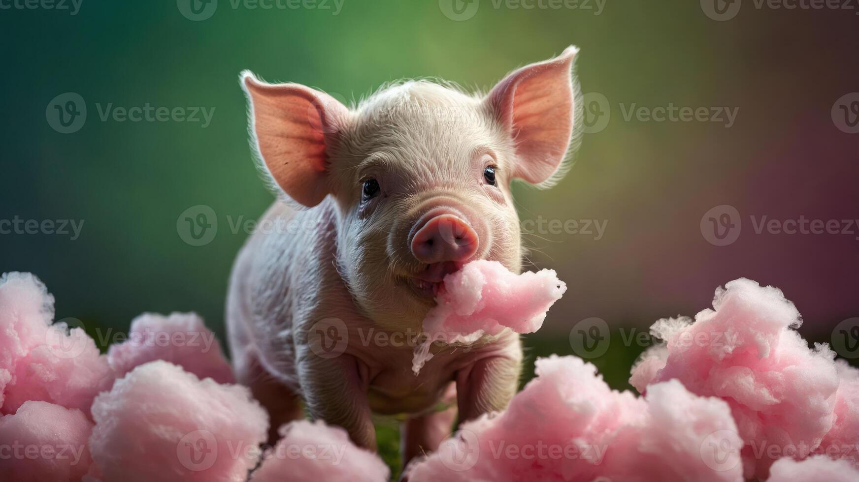 A cute piglet playfully munching on fluffy pink cotton candy. photo