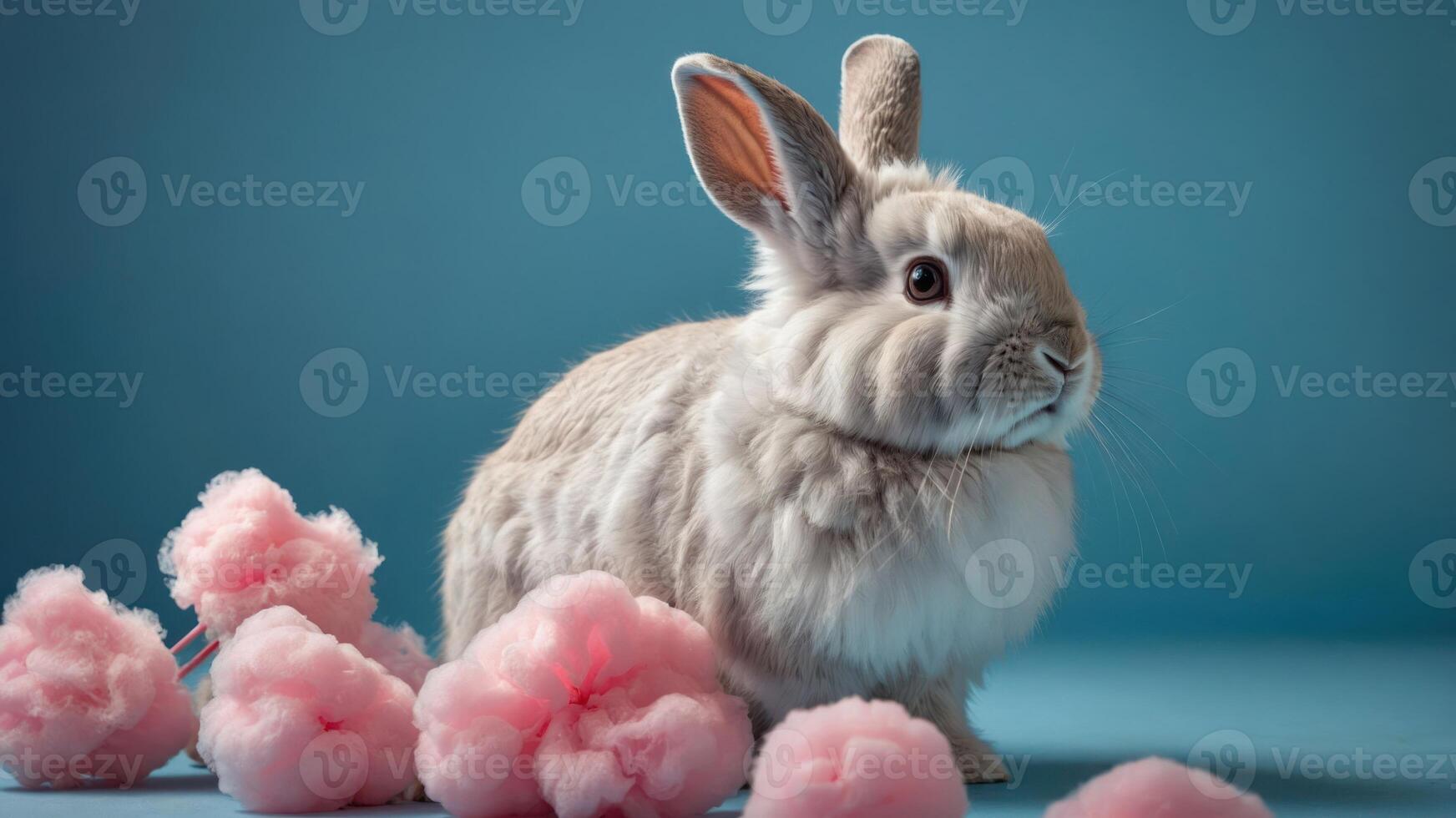 A fluffy rabbit sits beside pink cotton candy on a blue background. photo
