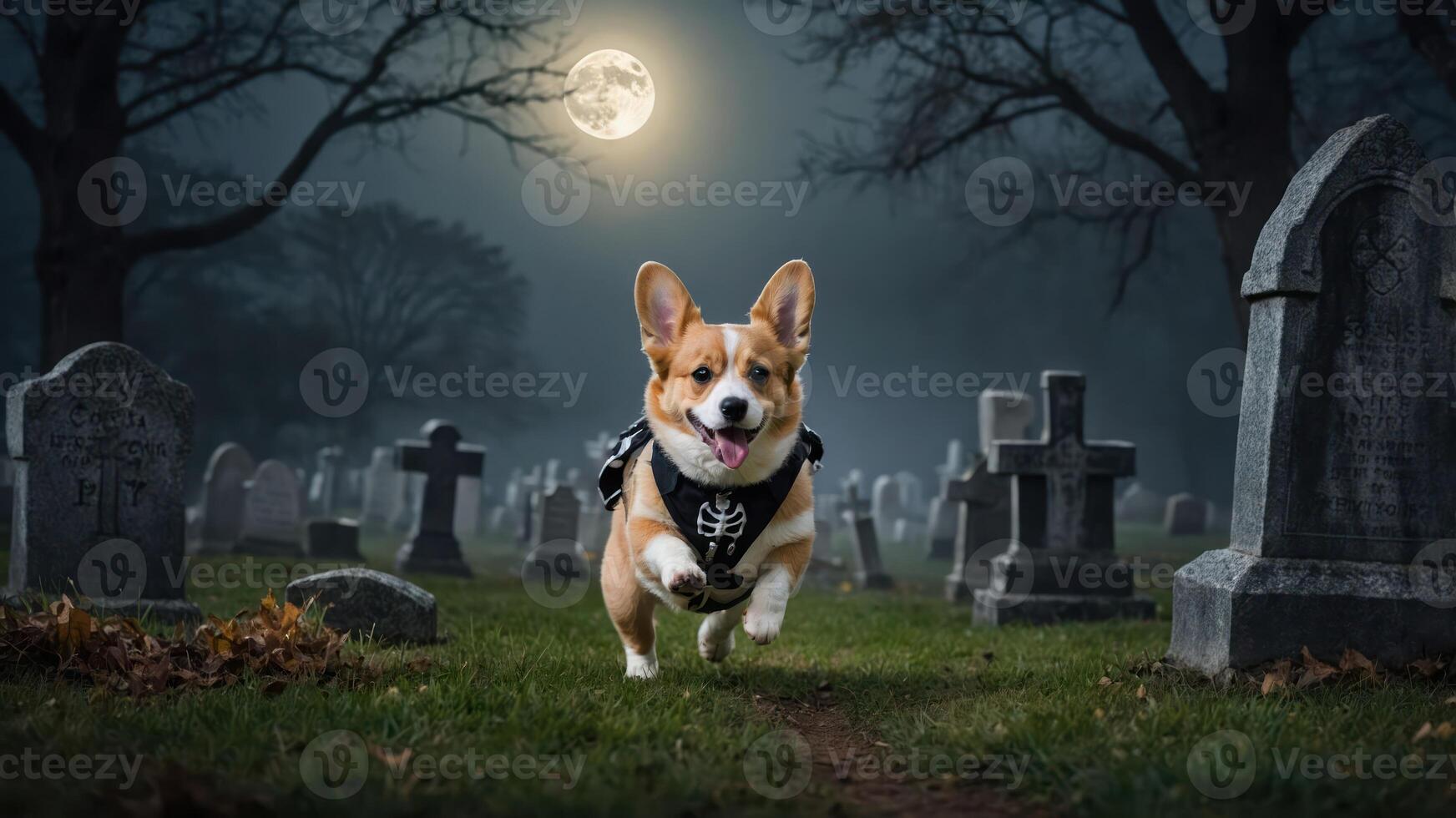 A playful corgi runs through a spooky graveyard under a full moon. photo