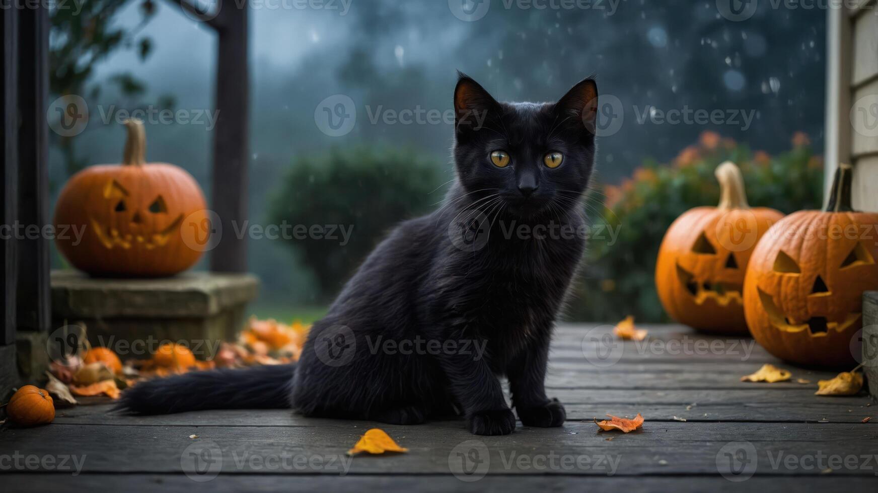 A black cat sits on a porch surrounded by carved pumpkins in a misty autumn setting. photo
