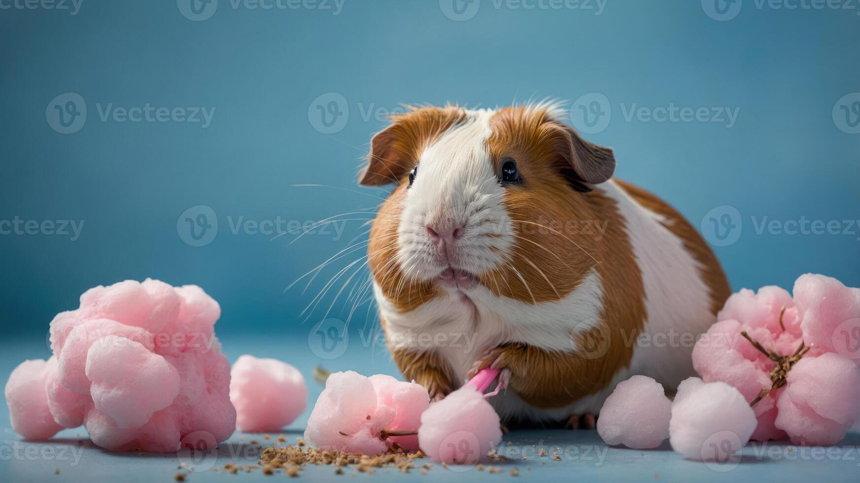A cute guinea pig surrounded by pink cotton candy on a blue background. photo