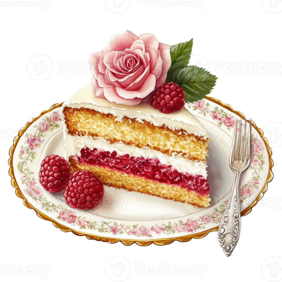 Elegant Slice of Cake with Rose and Raspberries, Vintage Dessert Display png