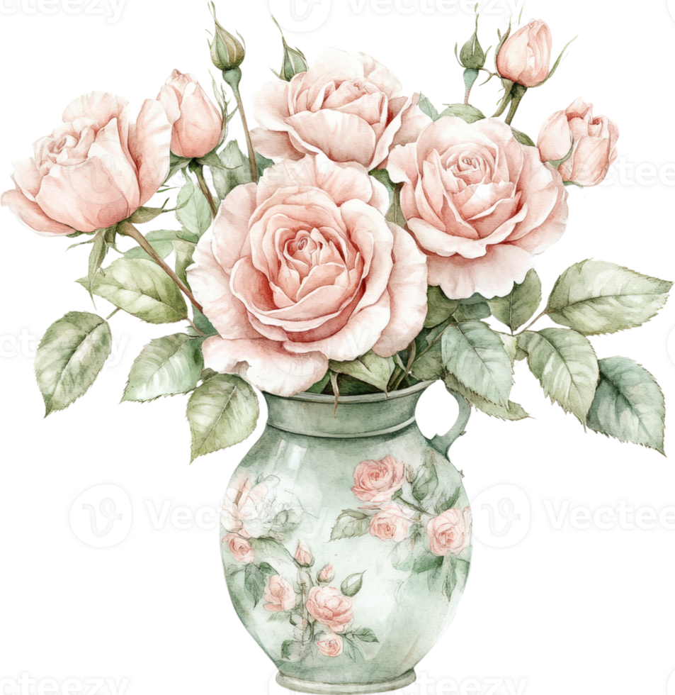 Vase of Pink Roses with Green Leaves Elegant and Romantic Floral Arrangement Illustration png