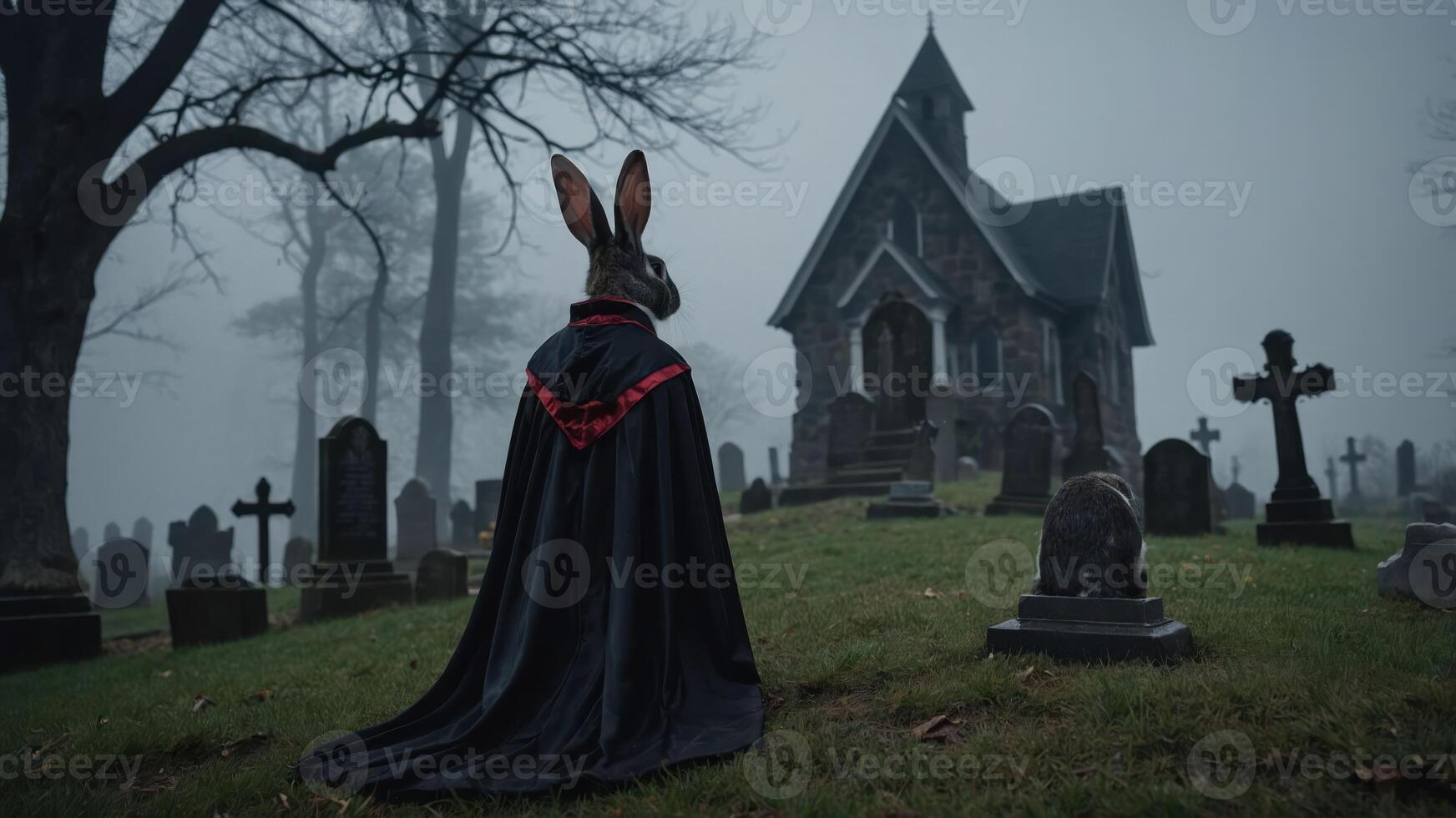 A mysterious rabbit in a cape stands in a foggy graveyard near a church. photo
