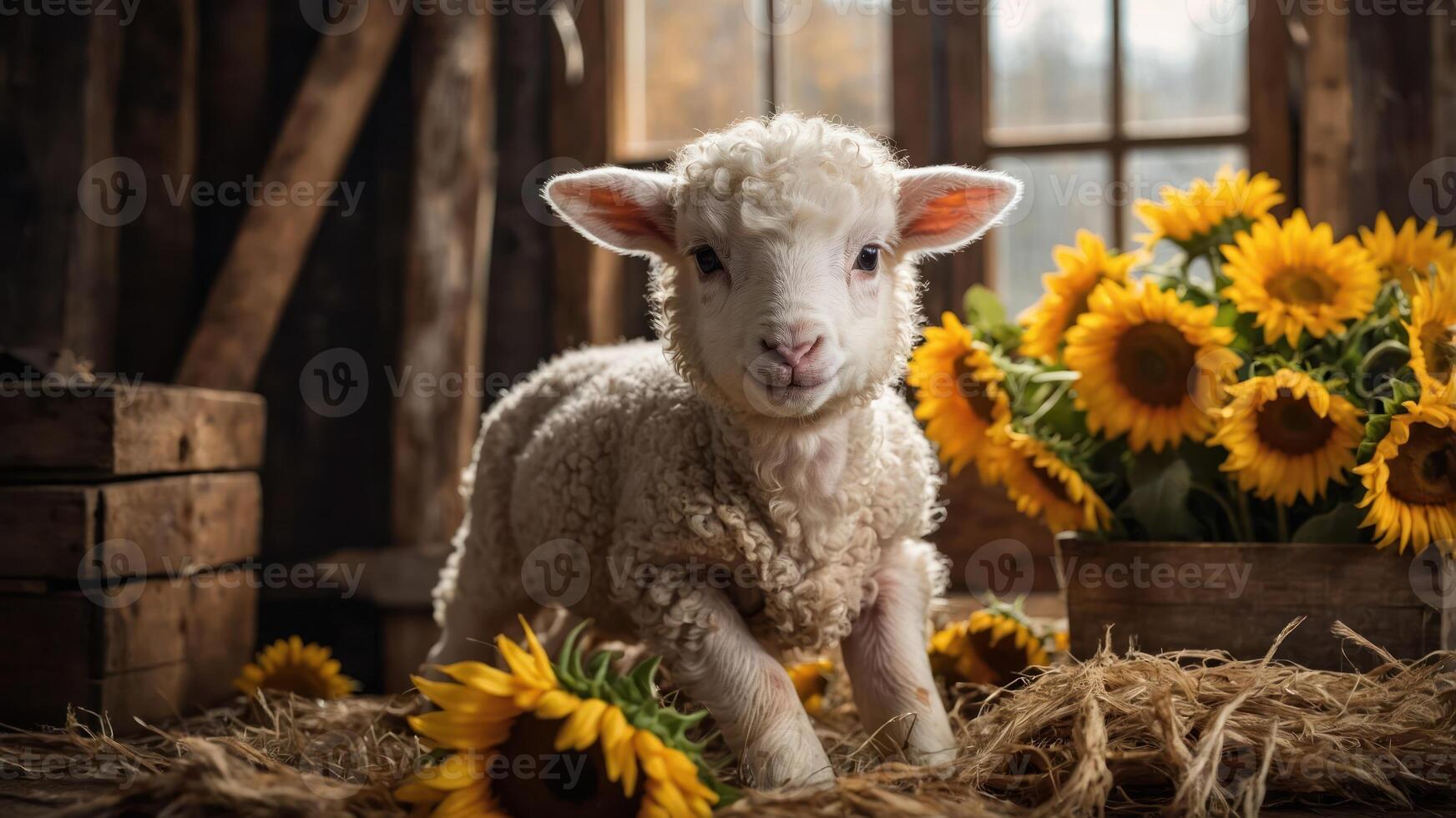 A cute lamb stands among sunflowers in a rustic setting, evoking warmth and nature. photo