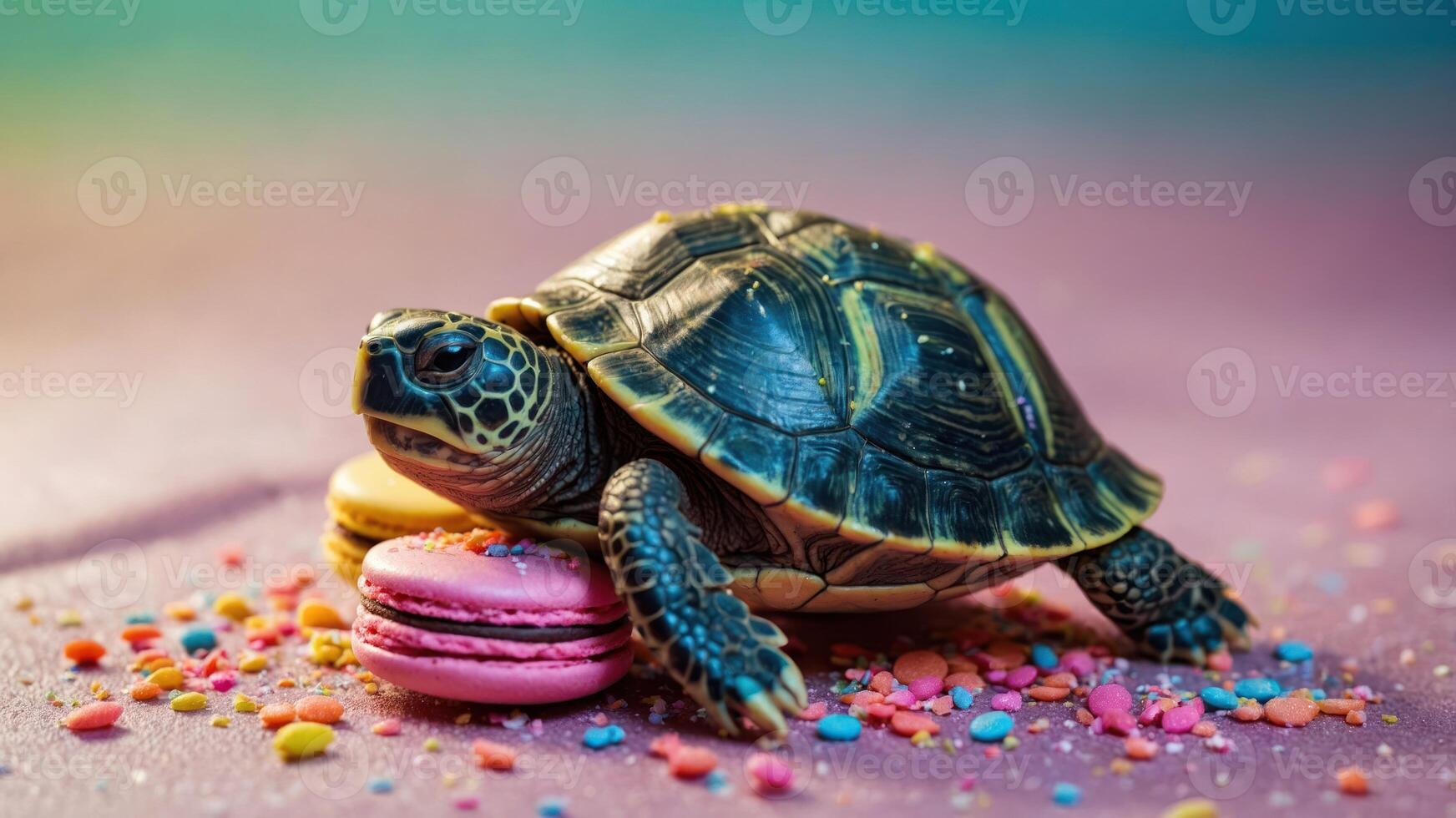 A turtle resting on colorful macarons surrounded by sprinkles, creating a whimsical scene. photo