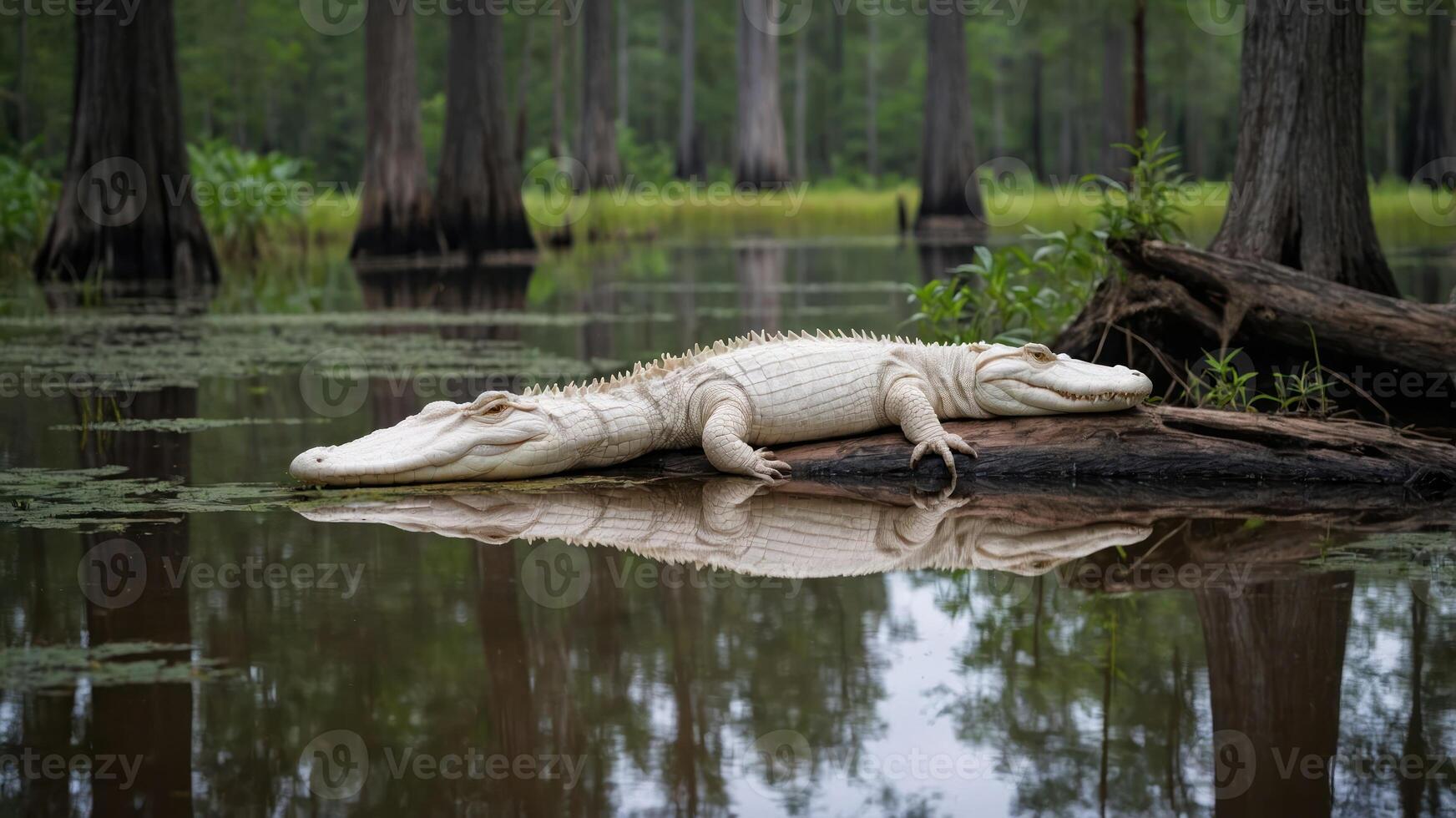 An albino alligator resting on a log in a serene swamp environment. photo