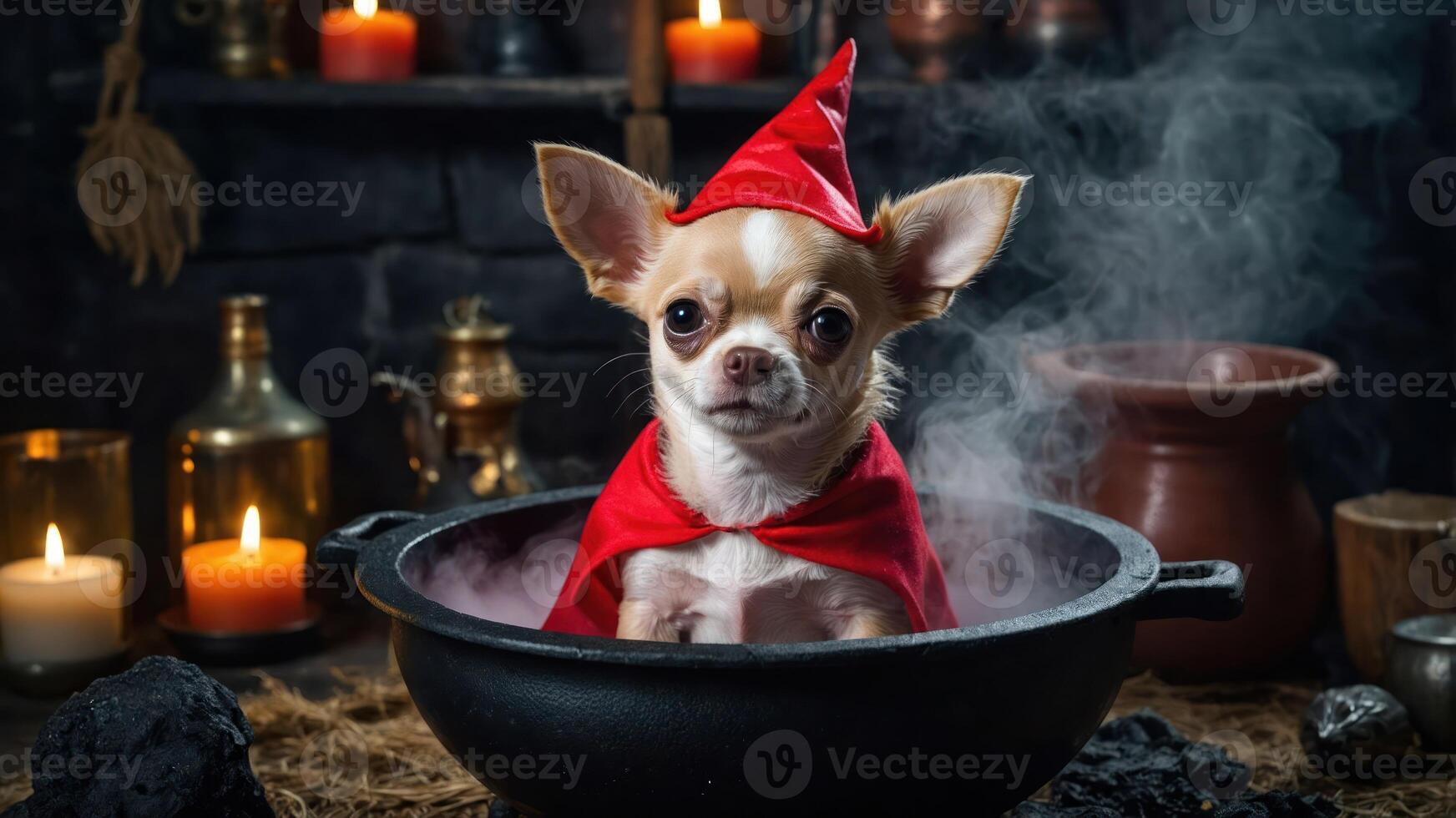 A Chihuahua in a pot wearing a red cape, surrounded by candles and smoke. photo