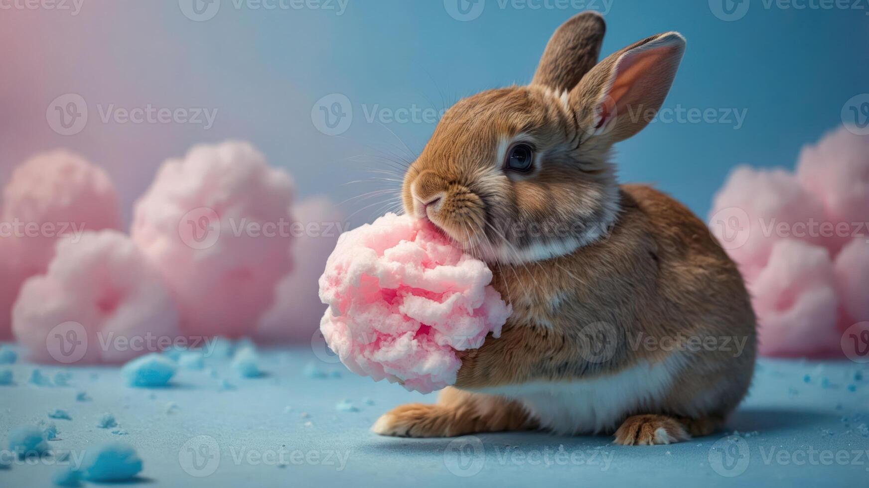A cute rabbit holding a fluffy pink cotton candy against a pastel background. photo