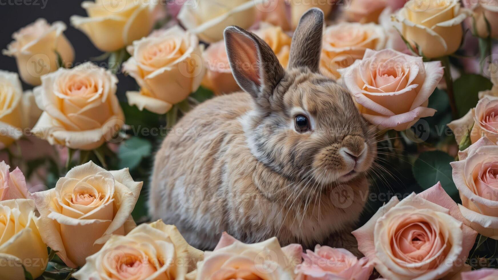 A cute rabbit nestled among soft pink roses, creating a serene and charming scene. photo