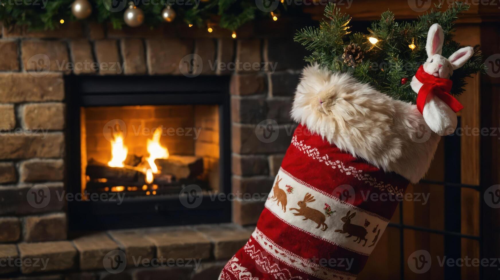 A festive Christmas stocking filled with greenery and a rabbit ornament, near a cozy fireplace. photo