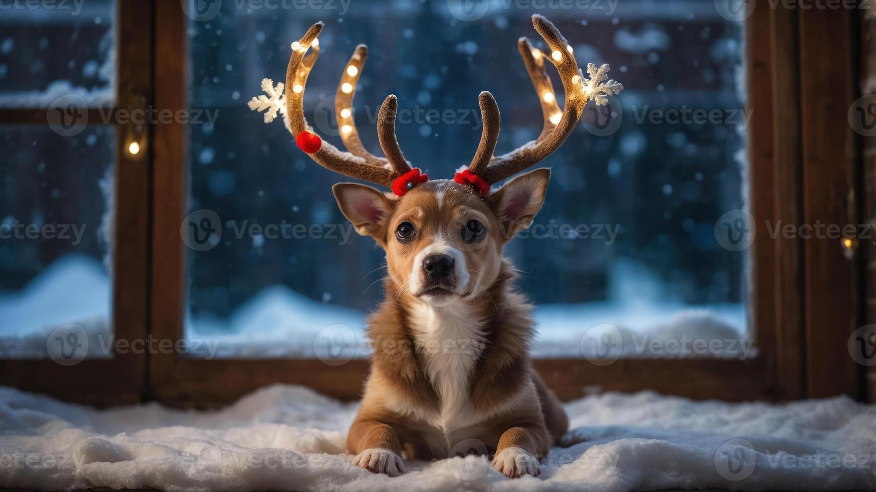 A festive dog with antlers sits by a snowy window, evoking holiday cheer. photo