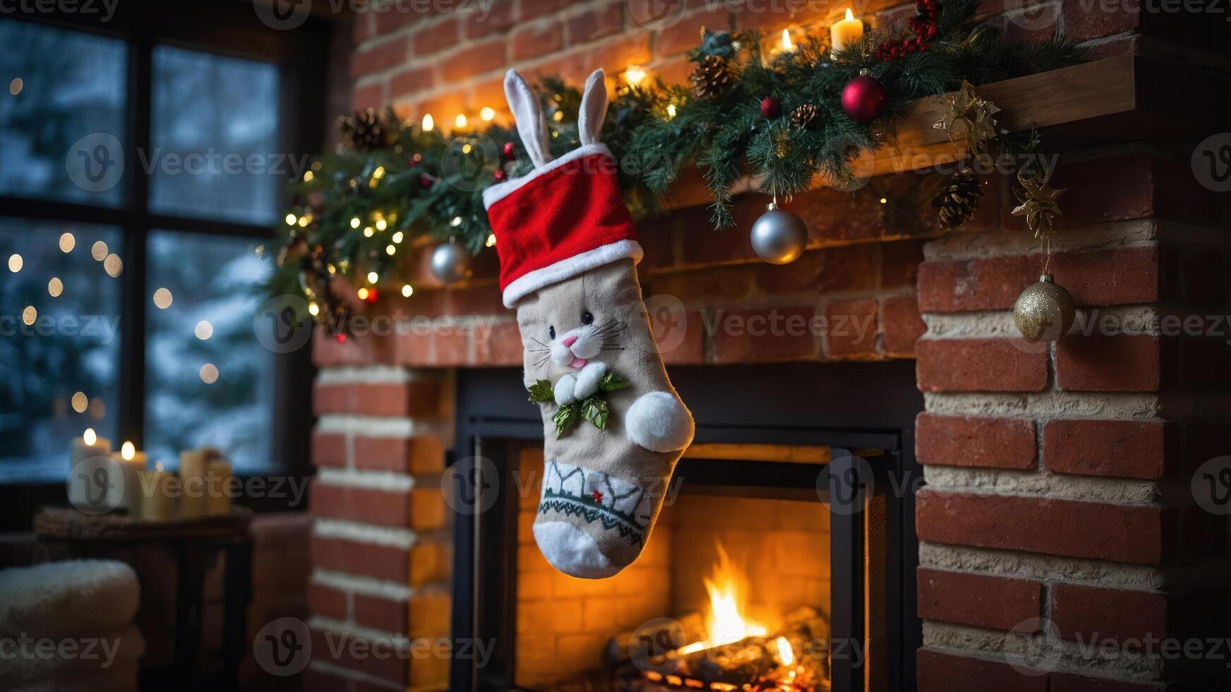 A cozy fireplace adorned with a festive bunny stocking and holiday decorations. photo