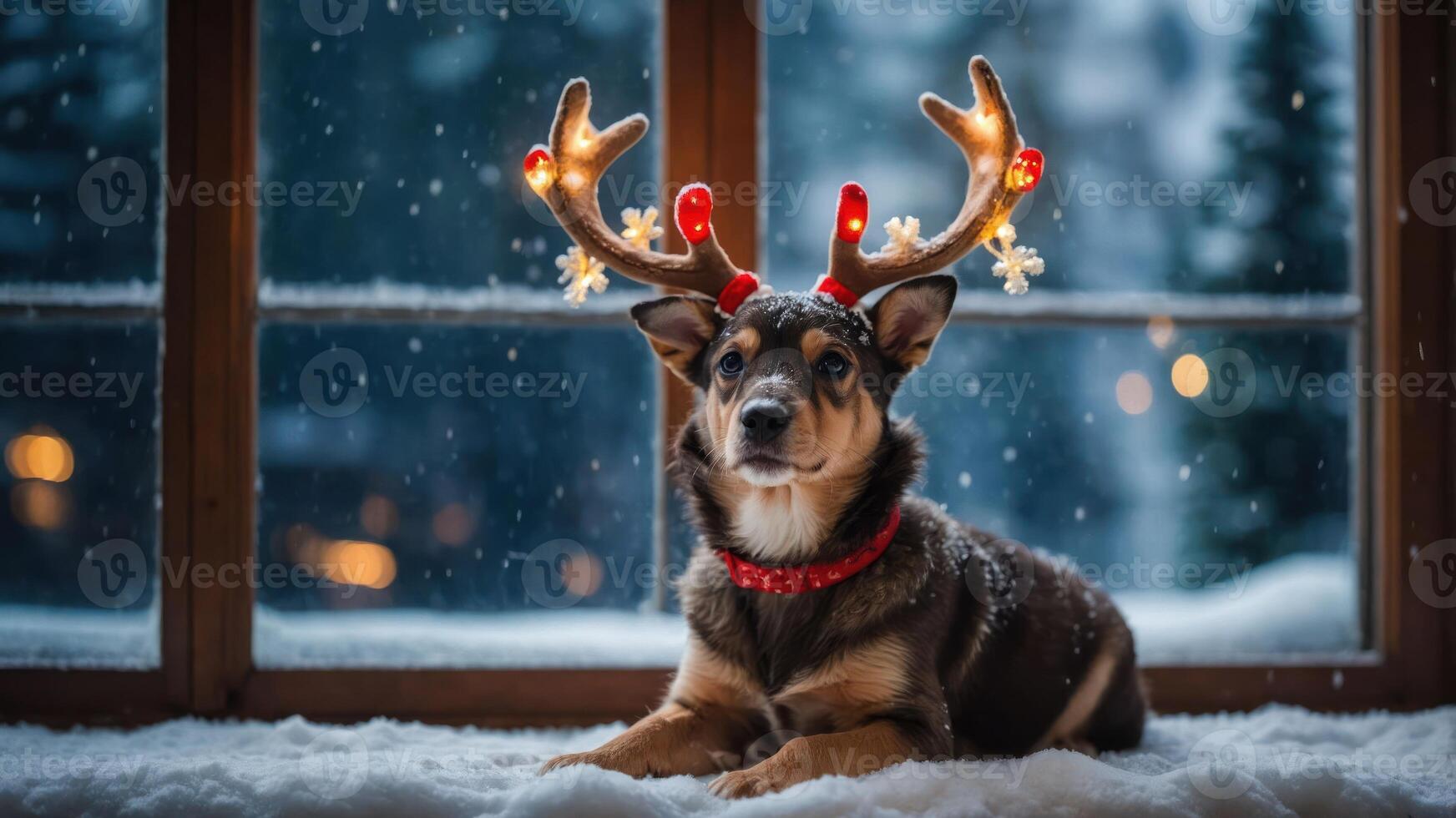 A dog wearing reindeer antlers sits in the snow by a window, evoking a festive atmosphere. photo