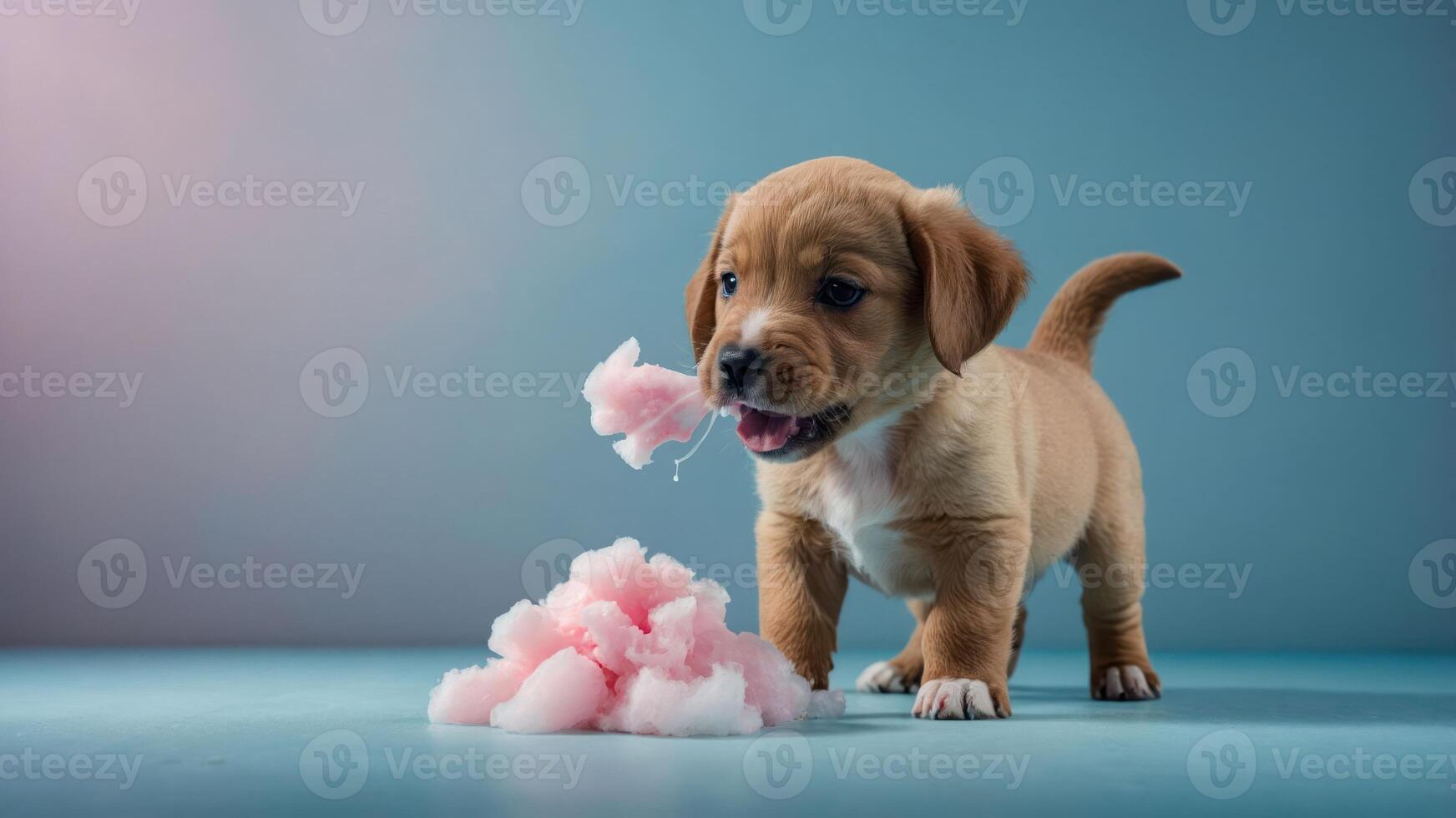 A playful puppy enjoying cotton candy on a colorful background. photo