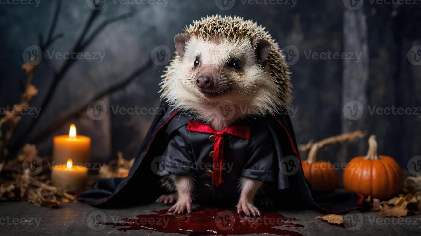 A hedgehog dressed as a vampire sits on a spooky backdrop with pumpkins and candles. photo