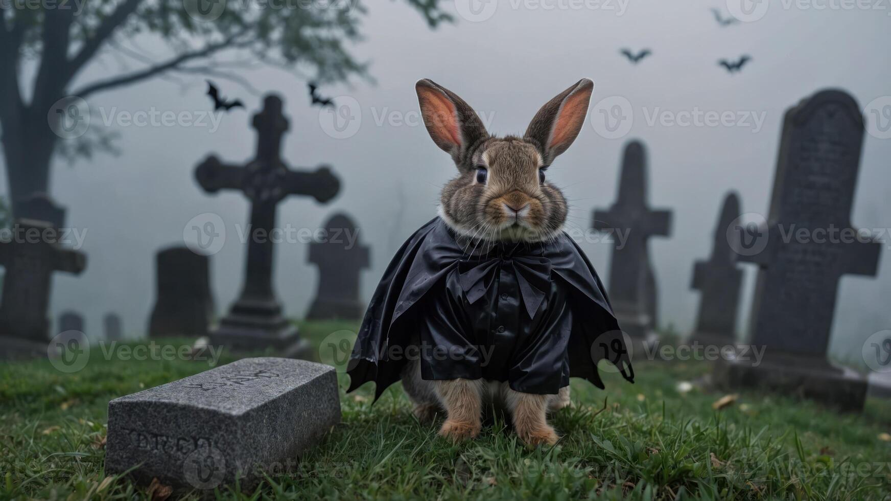 A rabbit in a black cape poses in a foggy graveyard with tombstones and bats. photo