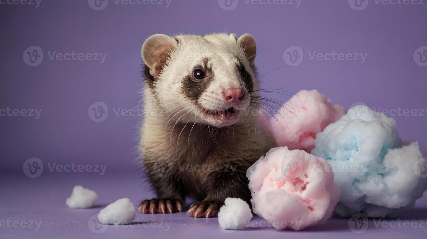 A playful ferret surrounded by colorful cotton candy on a pastel background. photo
