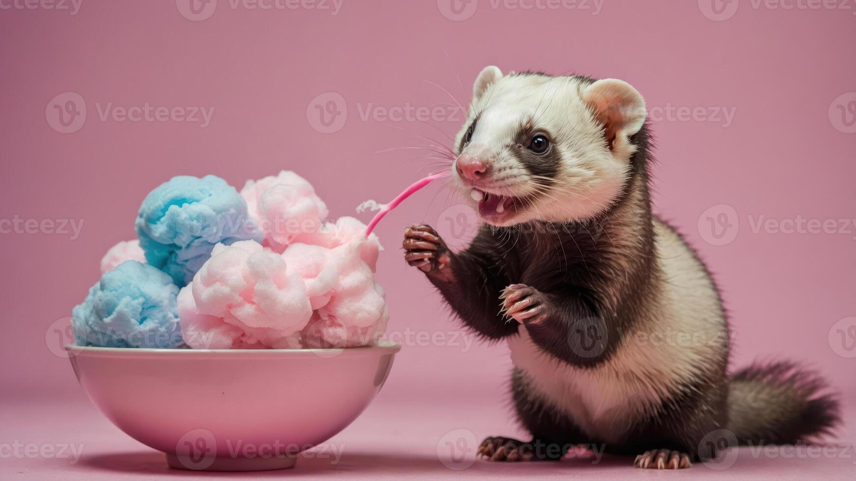 A playful ferret enjoying colorful cotton candy in a bowl. photo