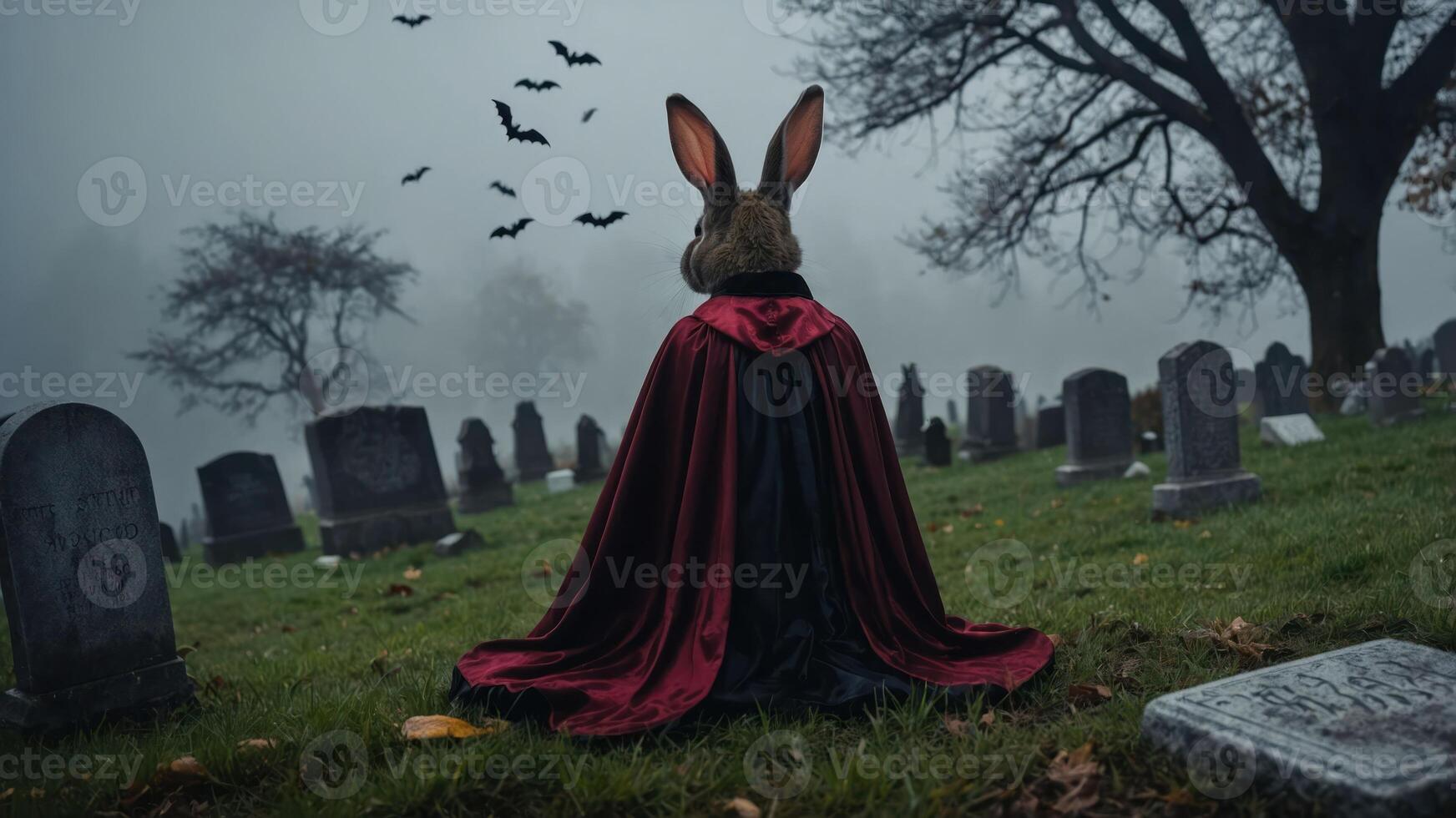 A surreal scene of a rabbit in a cloak, surrounded by gravestones in a foggy cemetery. photo