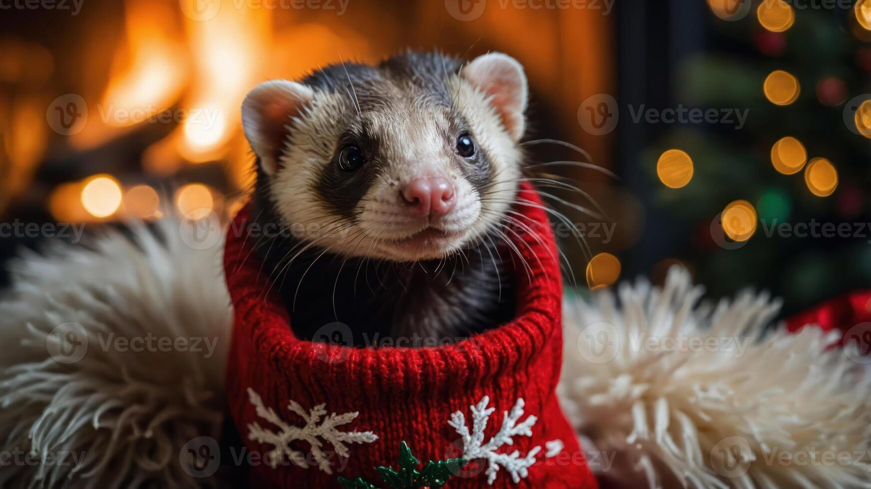 A ferret wearing a festive red sweater sits cozily by a fireplace adorned with holiday lights. photo