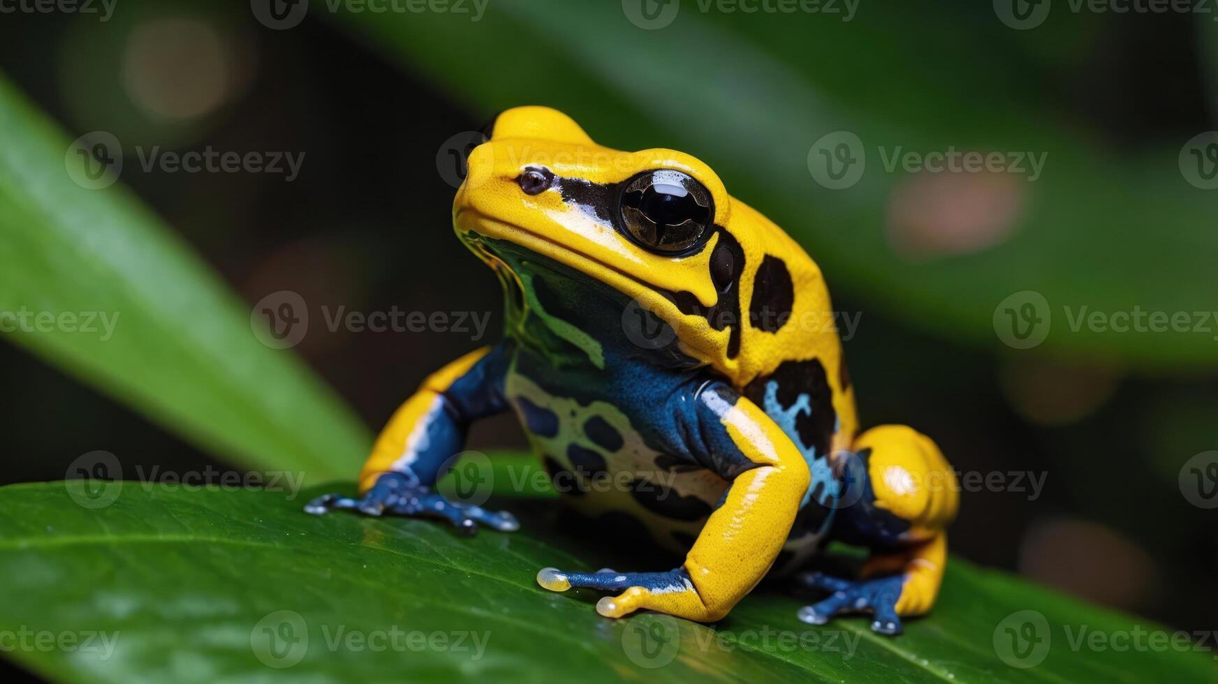 A vibrant yellow and blue frog perched on a green leaf in a lush environment. photo