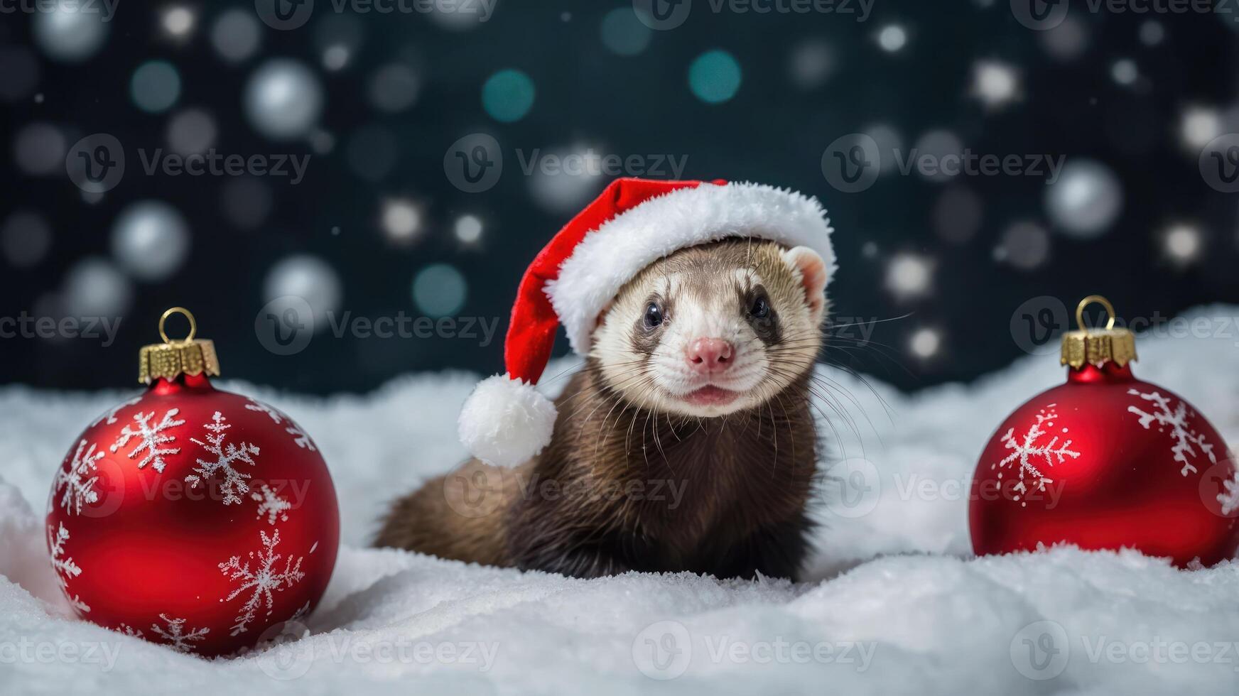 A festive ferret wearing a Santa hat surrounded by Christmas ornaments on snow. photo