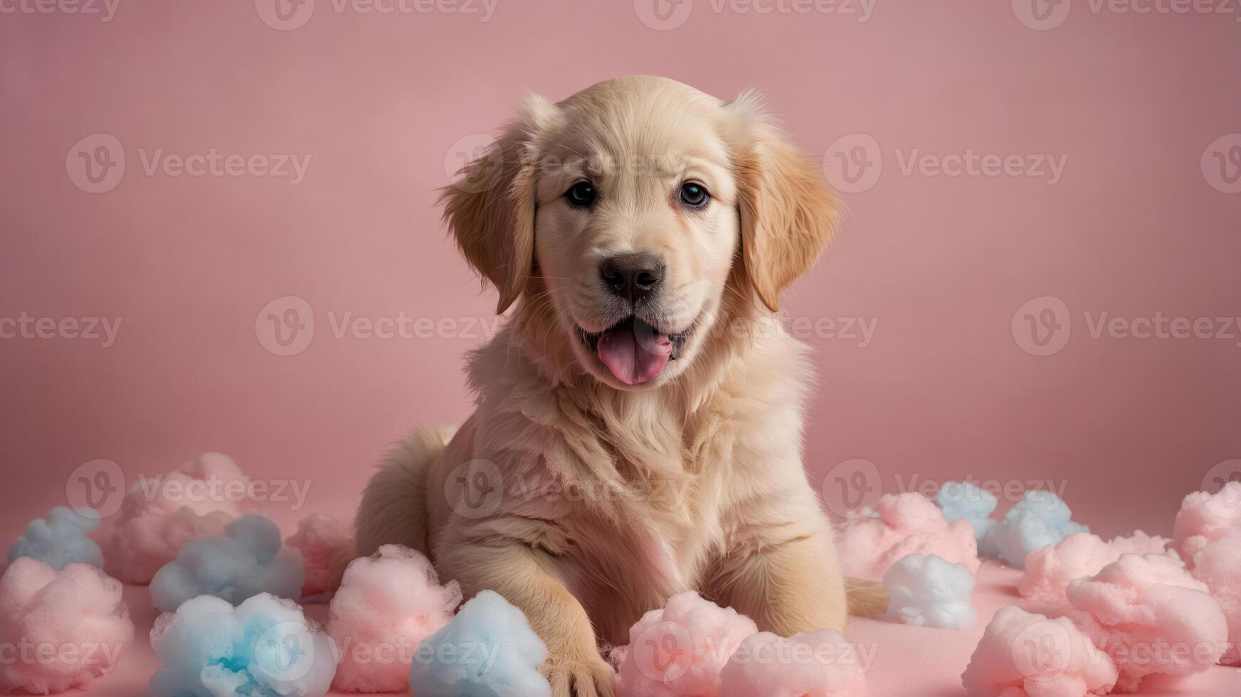 A playful golden retriever puppy surrounded by pastel-colored cotton candy on a pink backdrop. photo