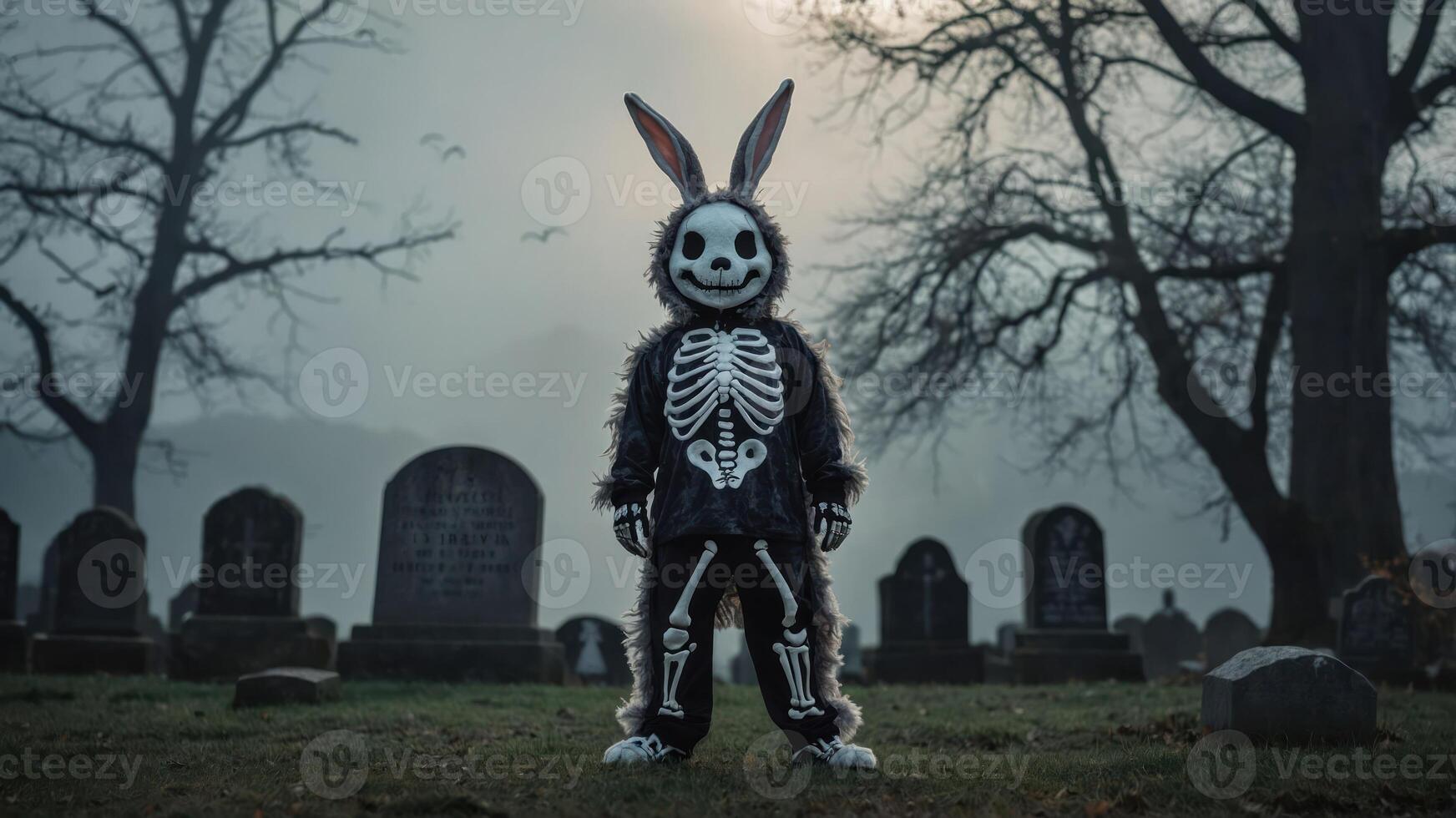 A spooky figure in a skeleton costume with rabbit ears stands in a foggy graveyard. photo