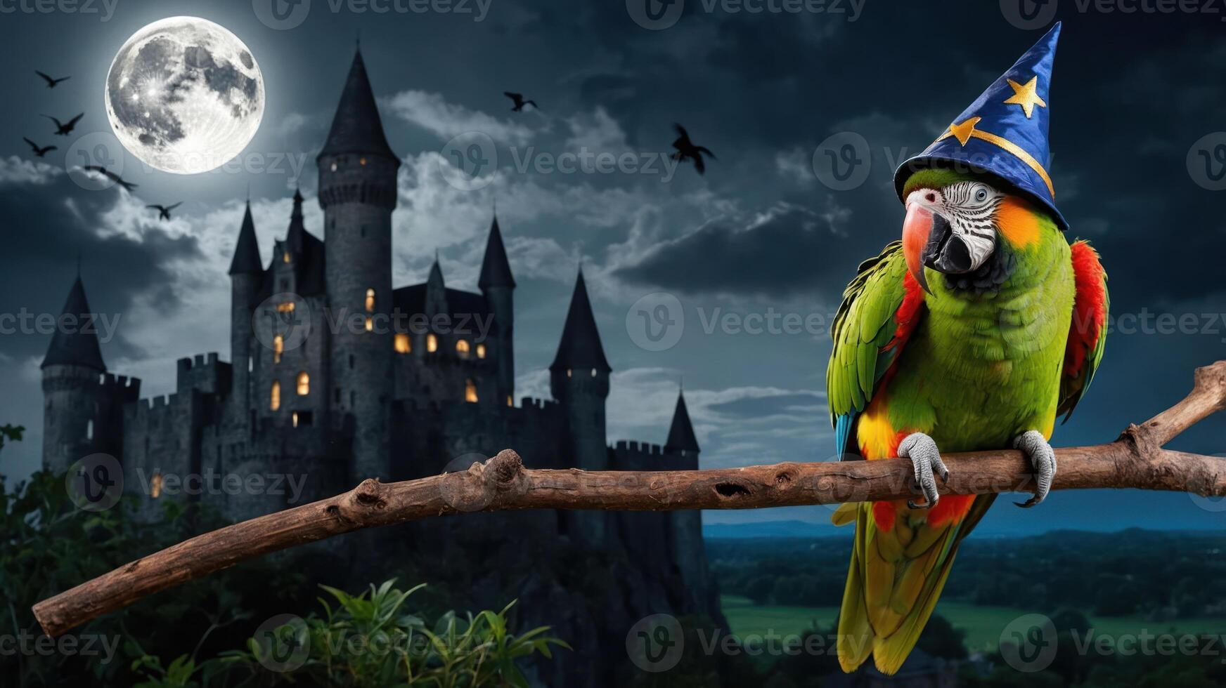 A colorful parrot wearing a wizard hat perched on a branch in front of a castle under a full moon. photo