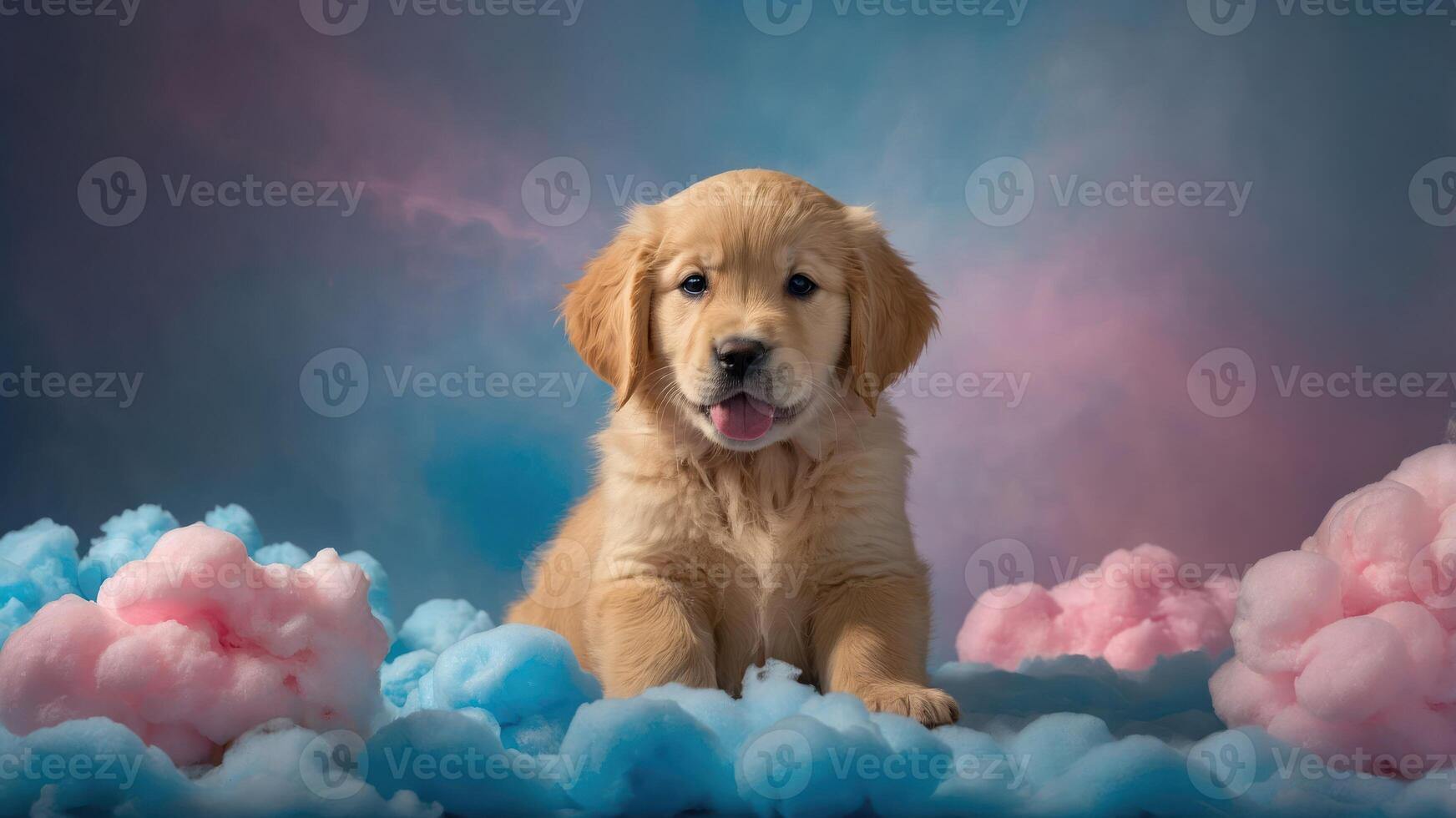A playful golden retriever puppy surrounded by colorful cotton candy clouds. photo