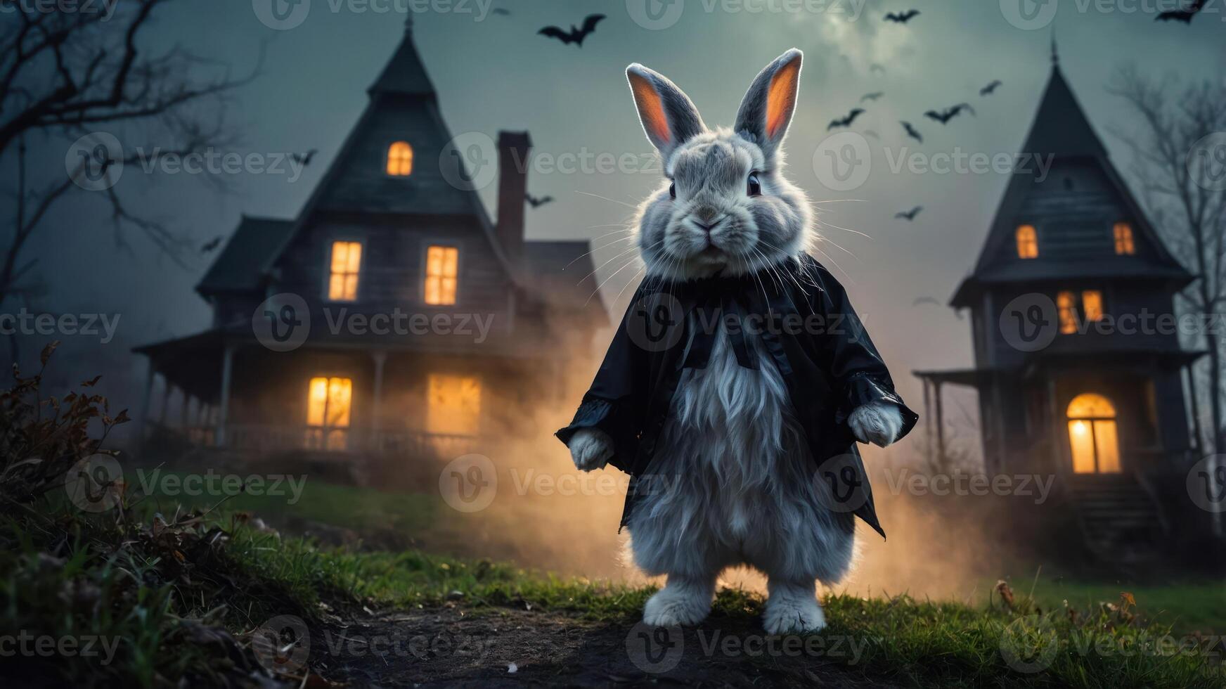 A spooky rabbit in a dark coat stands in front of a haunted house under a night sky. photo