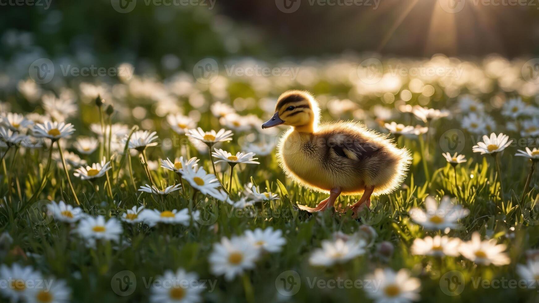 A duckling walks through a field of daisies, illuminated by soft sunlight. photo