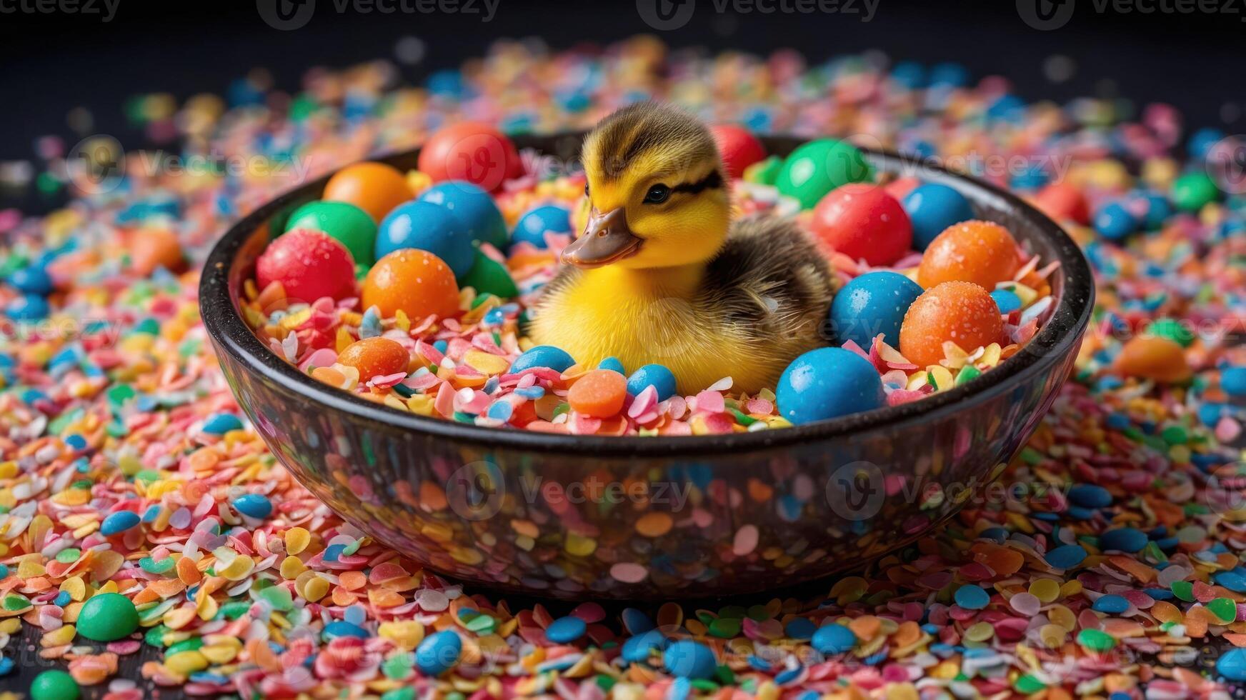 A duckling nestled in a bowl surrounded by colorful candy and sprinkles. photo