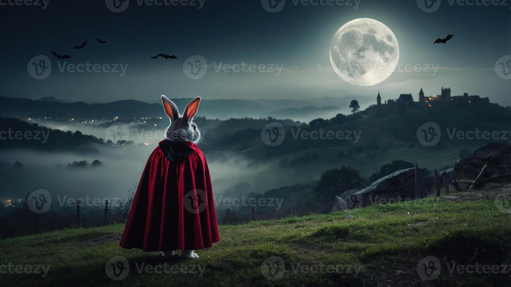 A whimsical scene featuring a rabbit in a cape gazing at a full moon over a misty landscape. photo