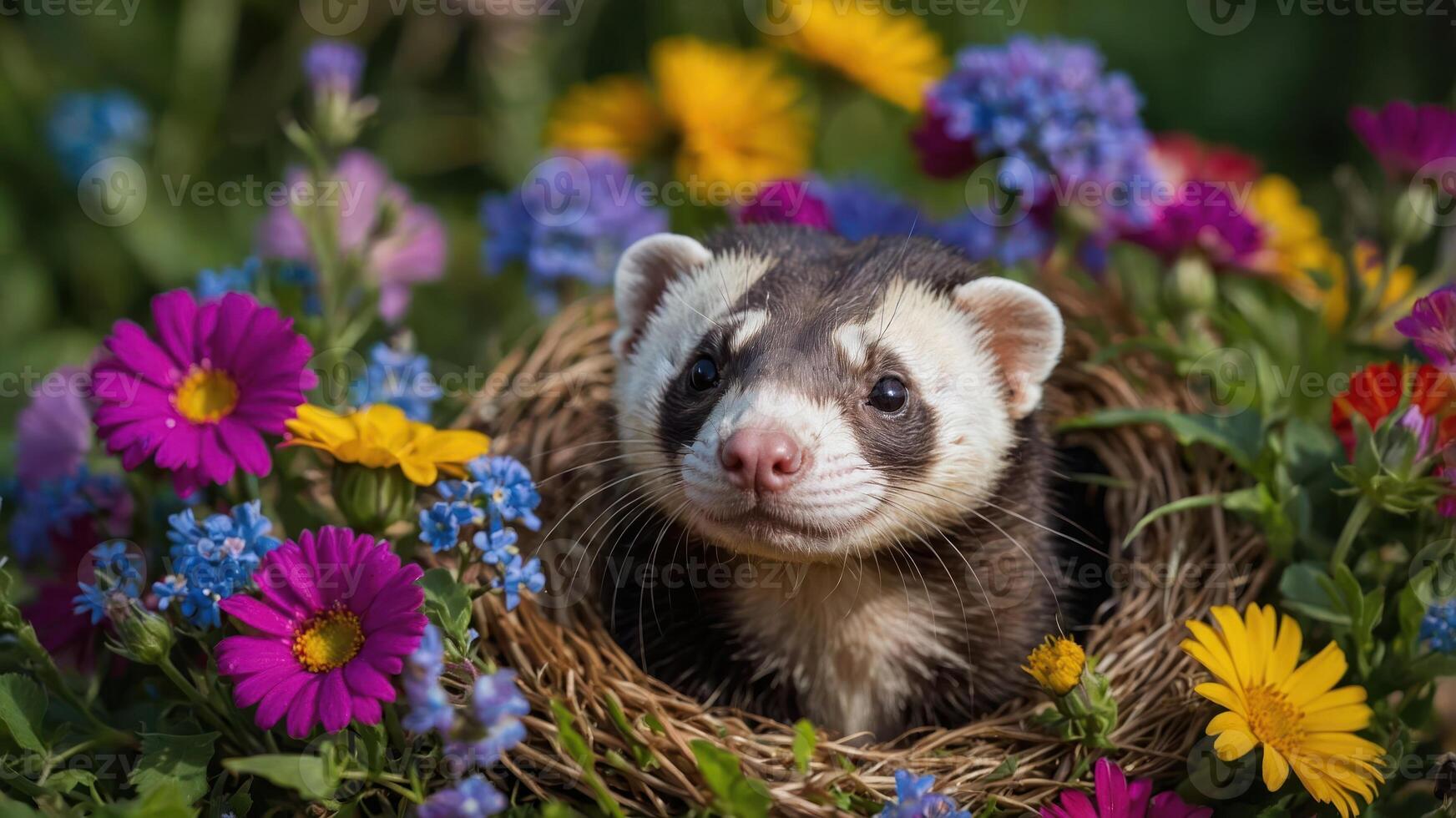 A ferret nestled in a nest surrounded by vibrant flowers. photo